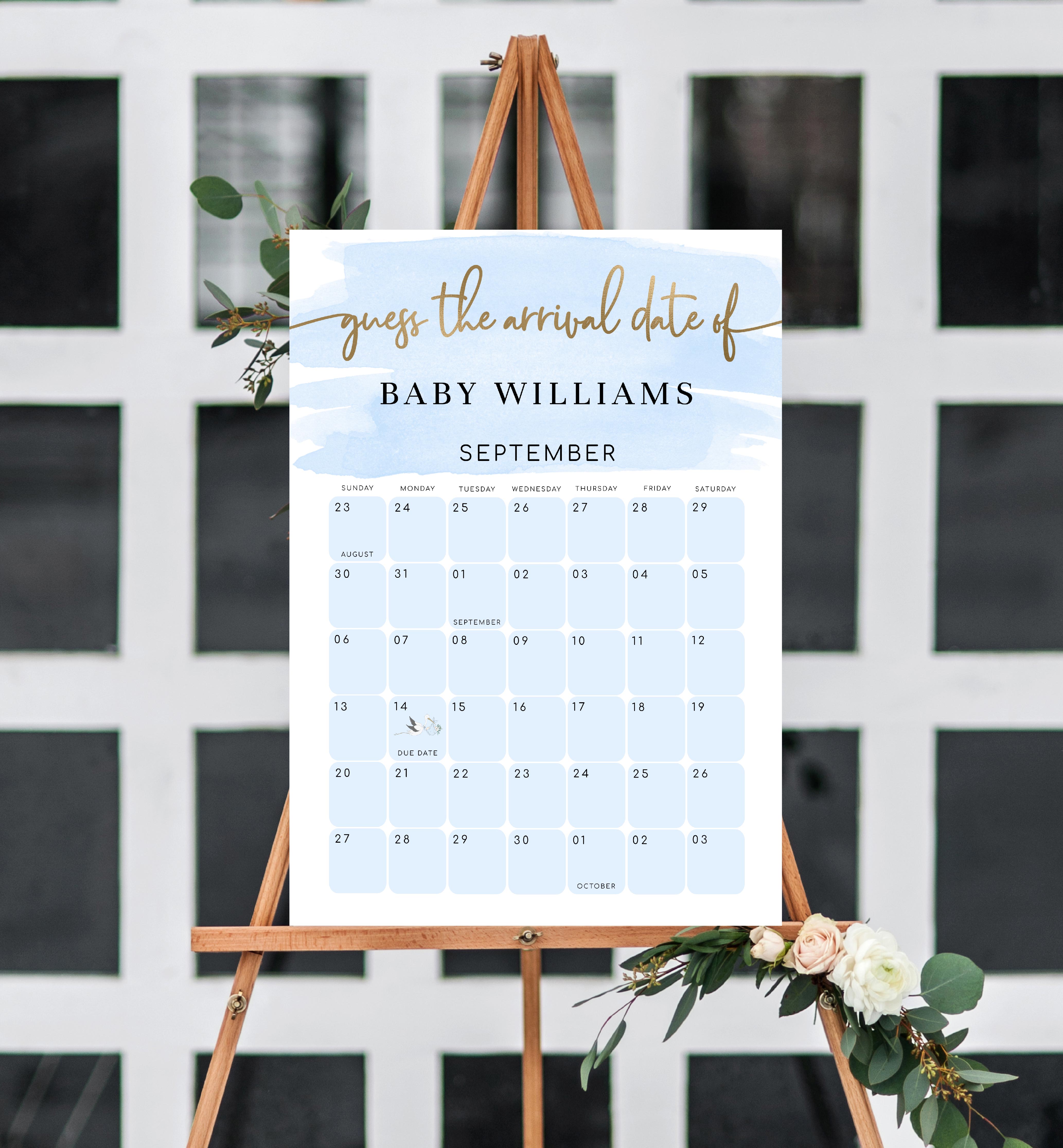 WAT-BLU-10-B1602 - WATERCOLOUR BLUE - GOLD - GUESS THE ARRIVAL DATE SIGN design preview