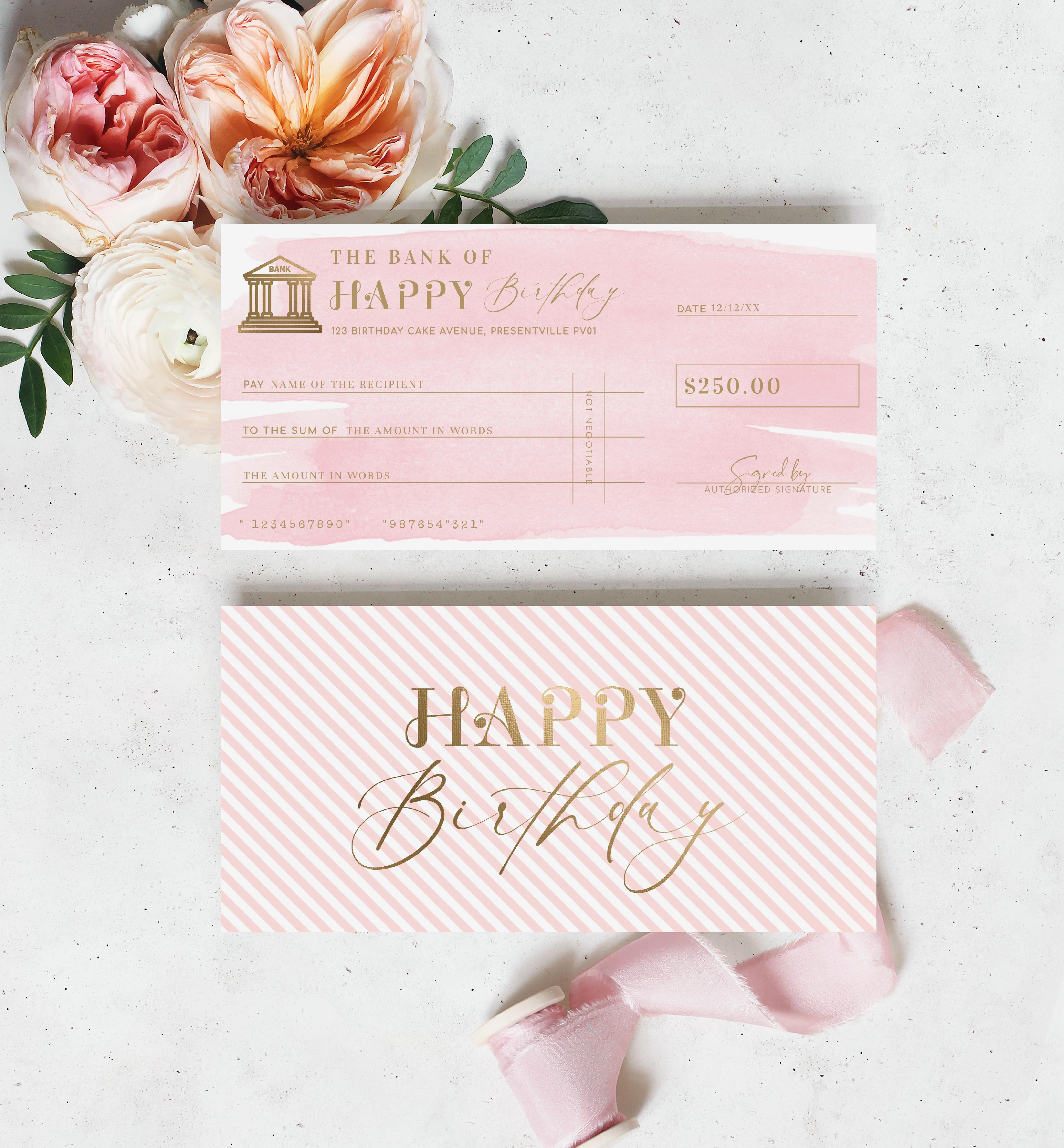 WAT-PNK-14-B2461 - WATERCOLOUR PINK - GOLD - BIRTHDAY CHEQUE CERTIFICATE design preview