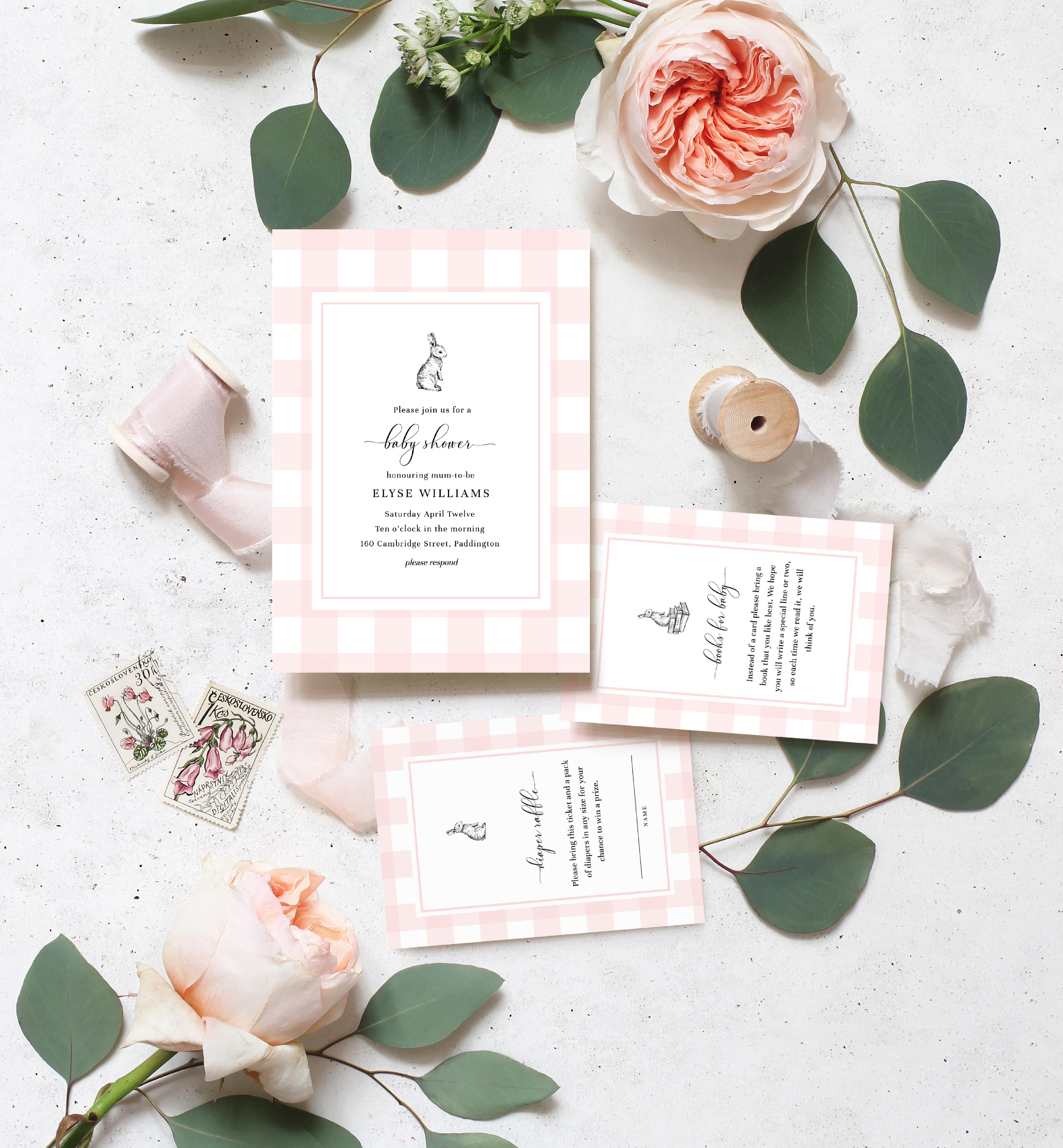 GIN-PNK-1-B2237 - GINGHAM - PINK BUNNY - BABY SHOWER INVITATION SUITE design preview