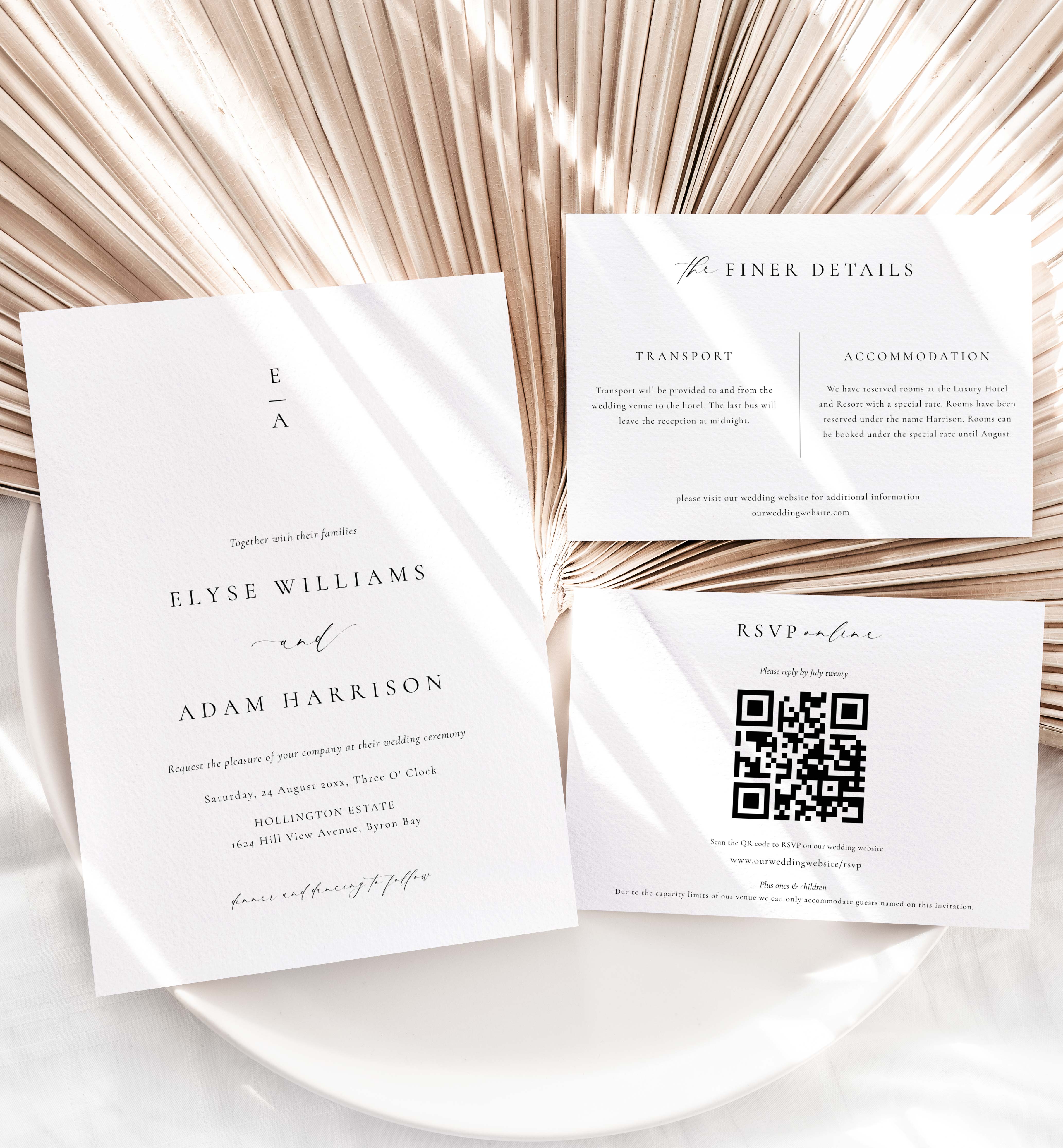ELE-WHT-1-B2975 - ELLESMERE - WHITE - MONOGRAM WEDDING INVITATION SUITE design preview