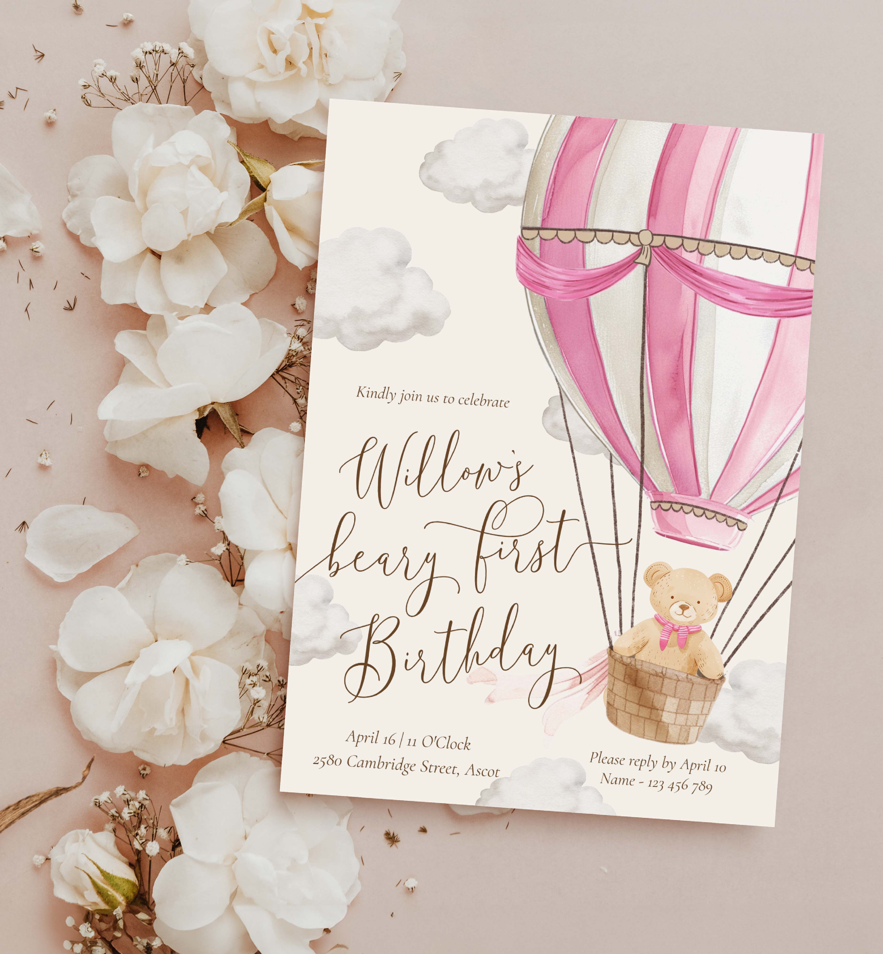 BER-PNK-1-B3560 - BEARLY WAIT - PINK - FIRST BIRTHDAY INVITATION design preview