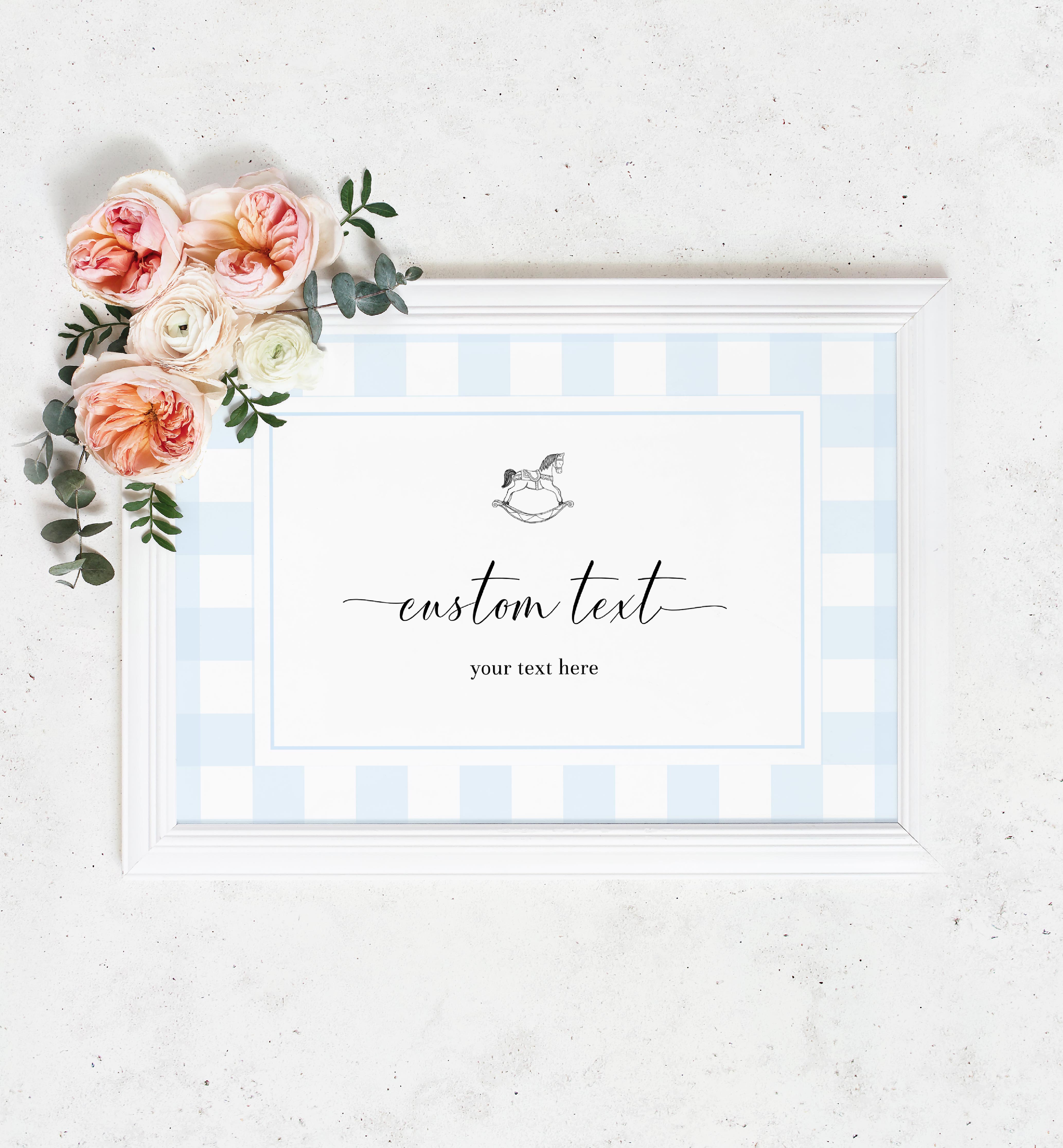 GIN-BLU-7-B2348 - GINGHAM ROCKING HORSE - BLUE - CUSTOM TEXT SIGN design preview