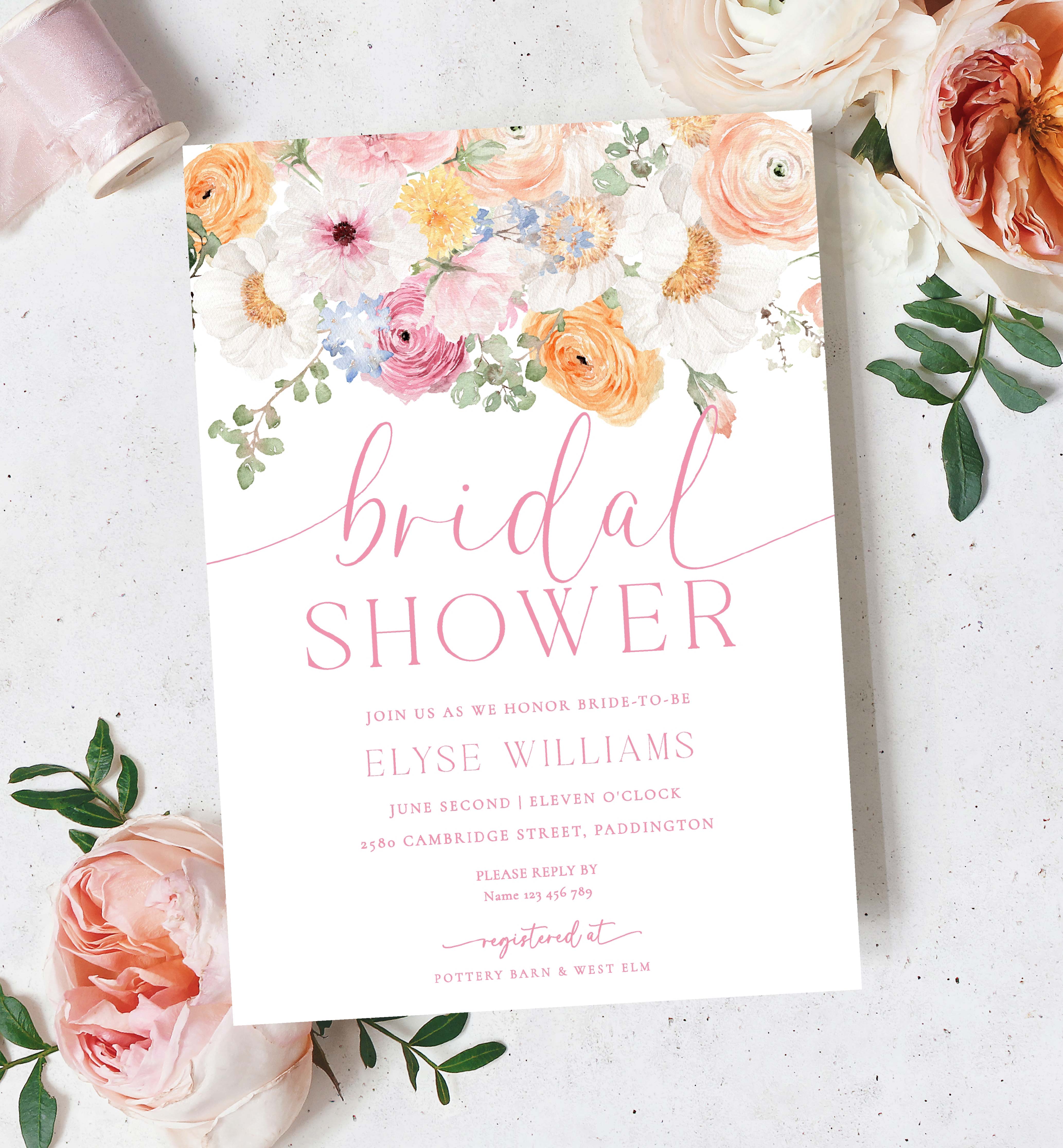MIL-WHT-1-B3094 - MILLIE FLORAL - WHITE - BRIDAL SHOWER INVITATION design preview