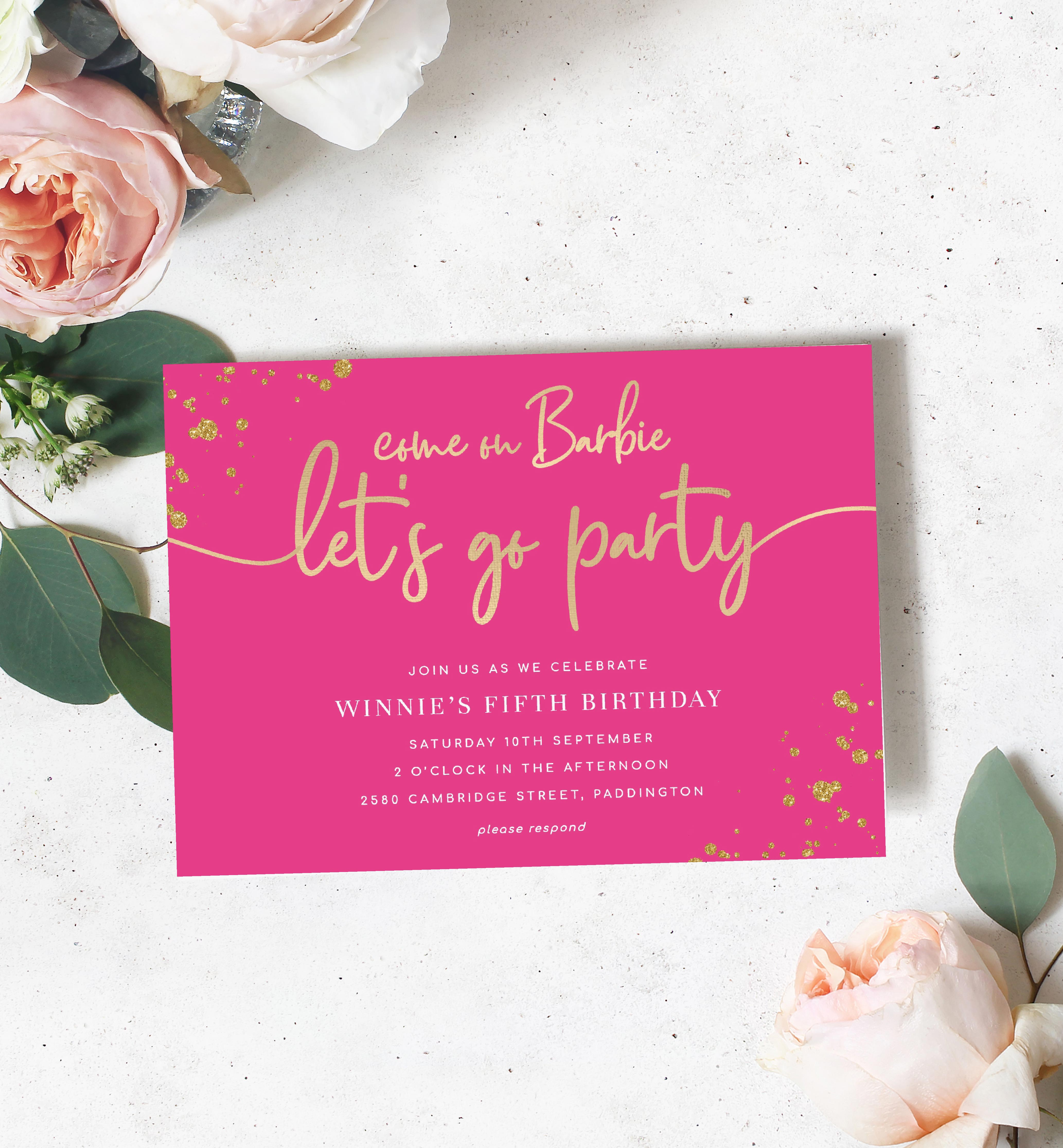 PAN-HPK-1-B1269 - PAINTLY - HOT PINK GOLD - BARBIE BIRTHDAY PARTY INVITATION design preview