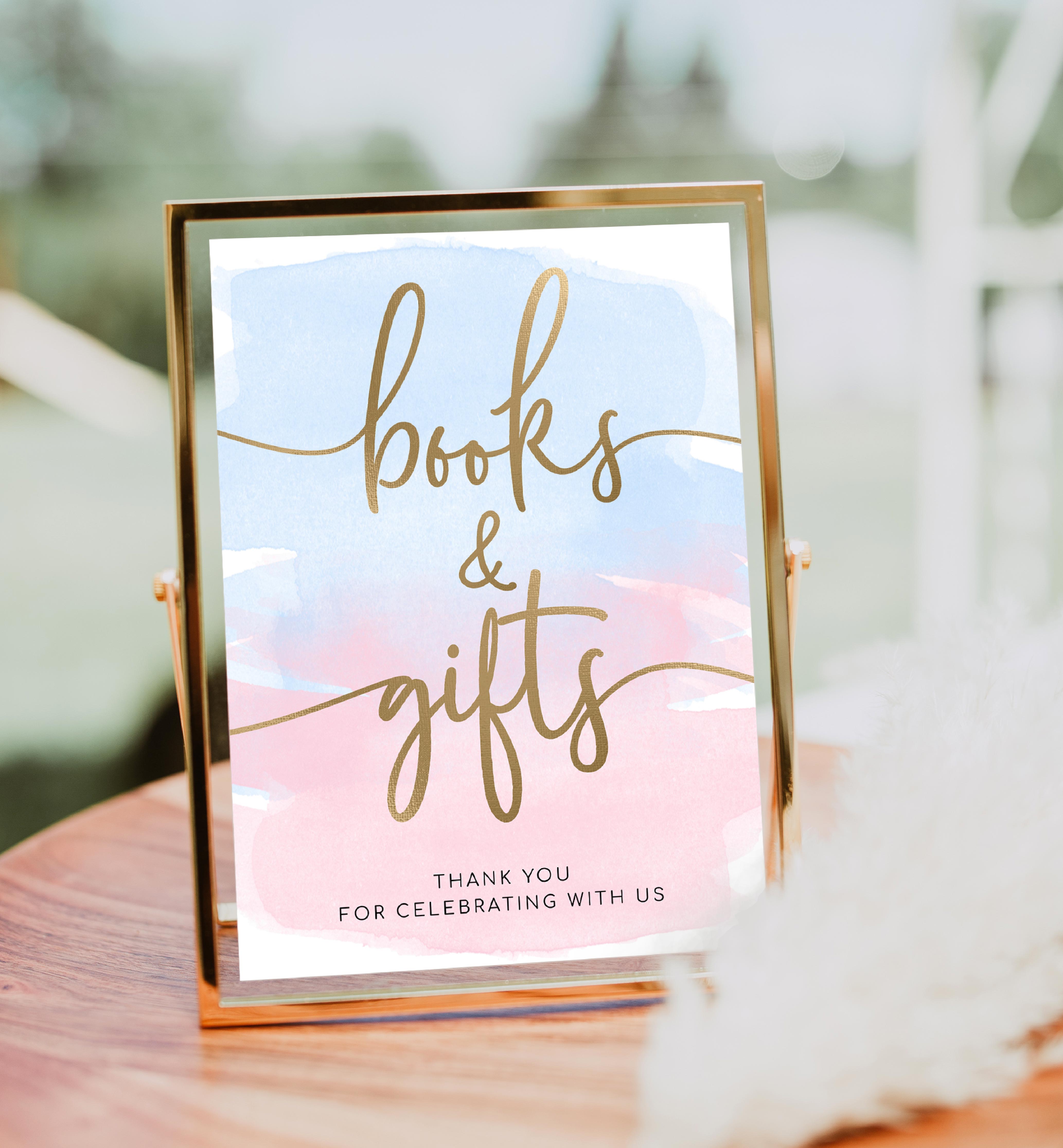 WAT-PNB-7-B362 - WATERCOLOUR PINK BLUE - GOLD - BOOKS AND GIFTS SIGN design preview