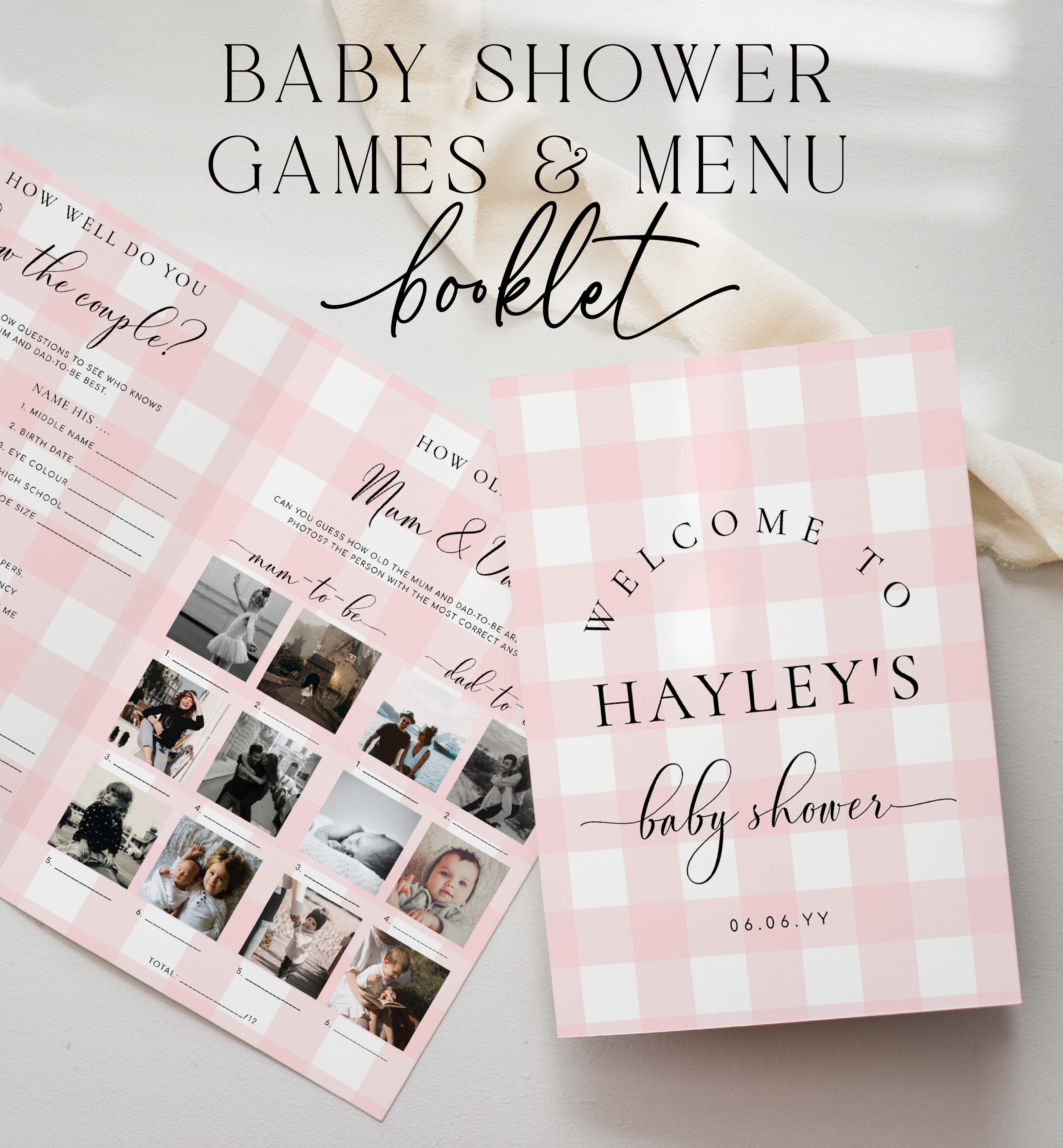 GIN-PNK-10-B3102 - GINGHAM - PINK - BABY SHOWER GAME & MENU BOOKLET design preview