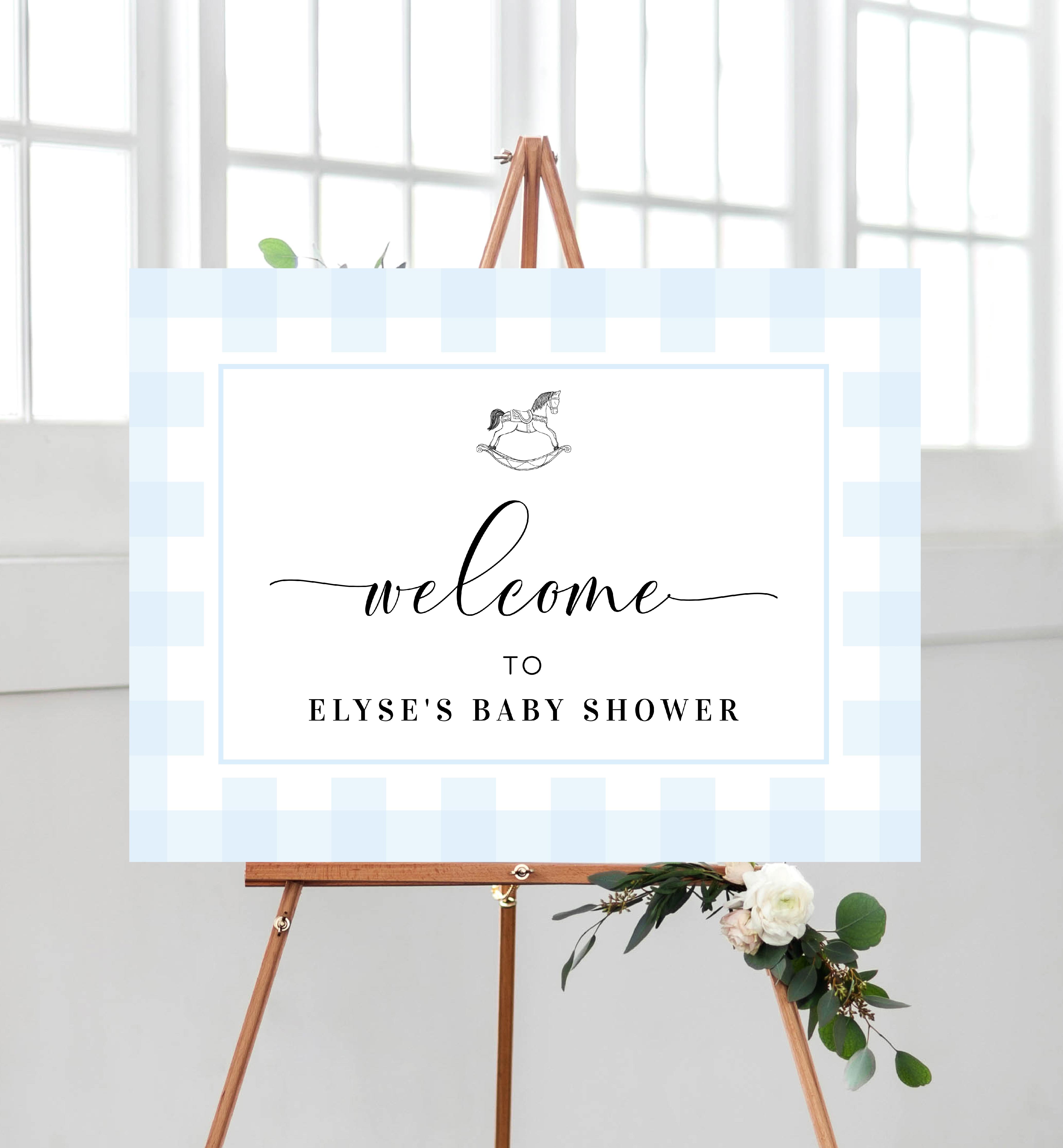 GIN-BLU-3-B2198 - GINGHAM - BLUE ROCKING HORSE - WELCOME SIGN design preview