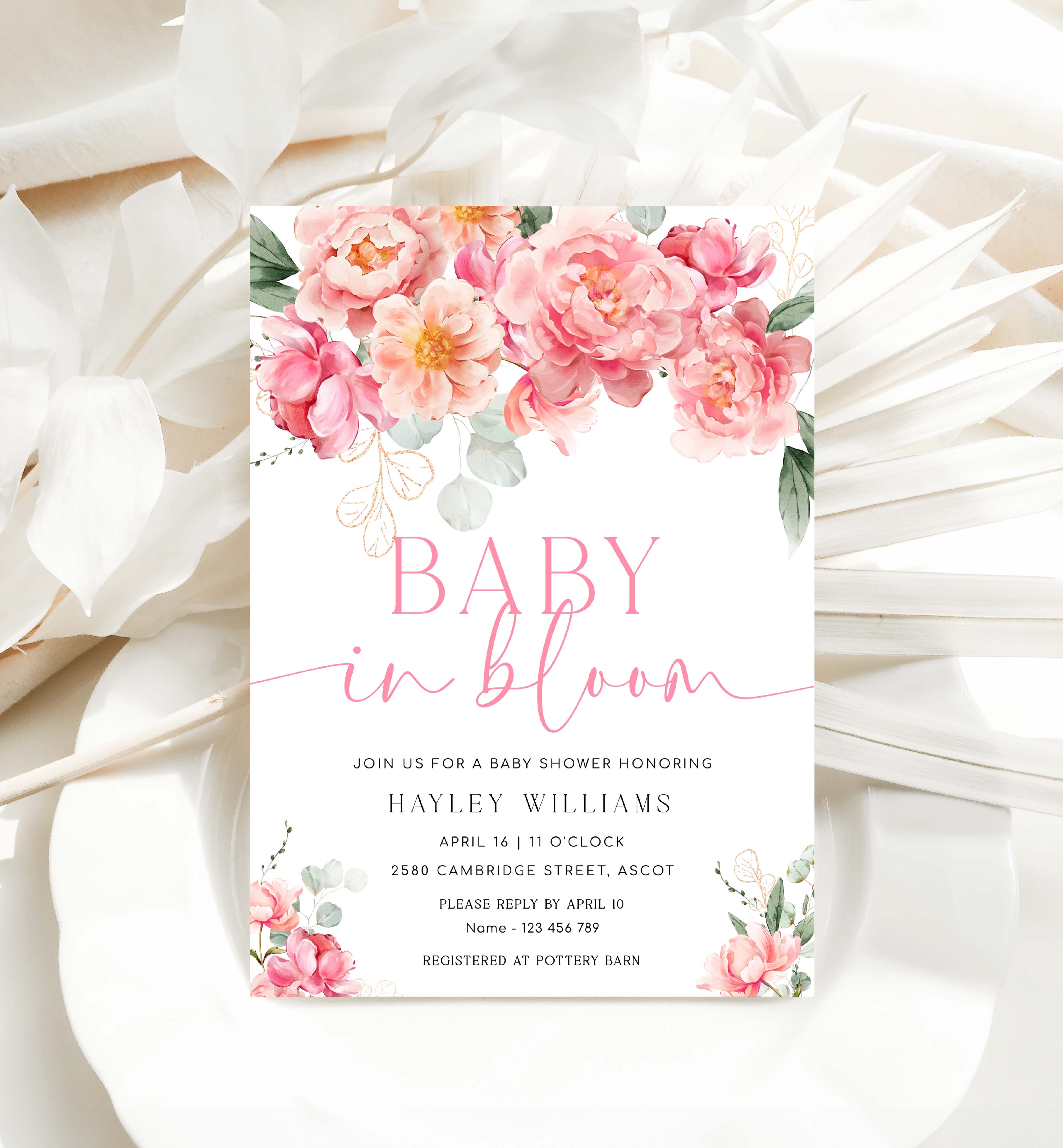 PIP-WHT-1-B3147 - PIPER - PINK - BABY SHOWER ARCH INVITATION design preview