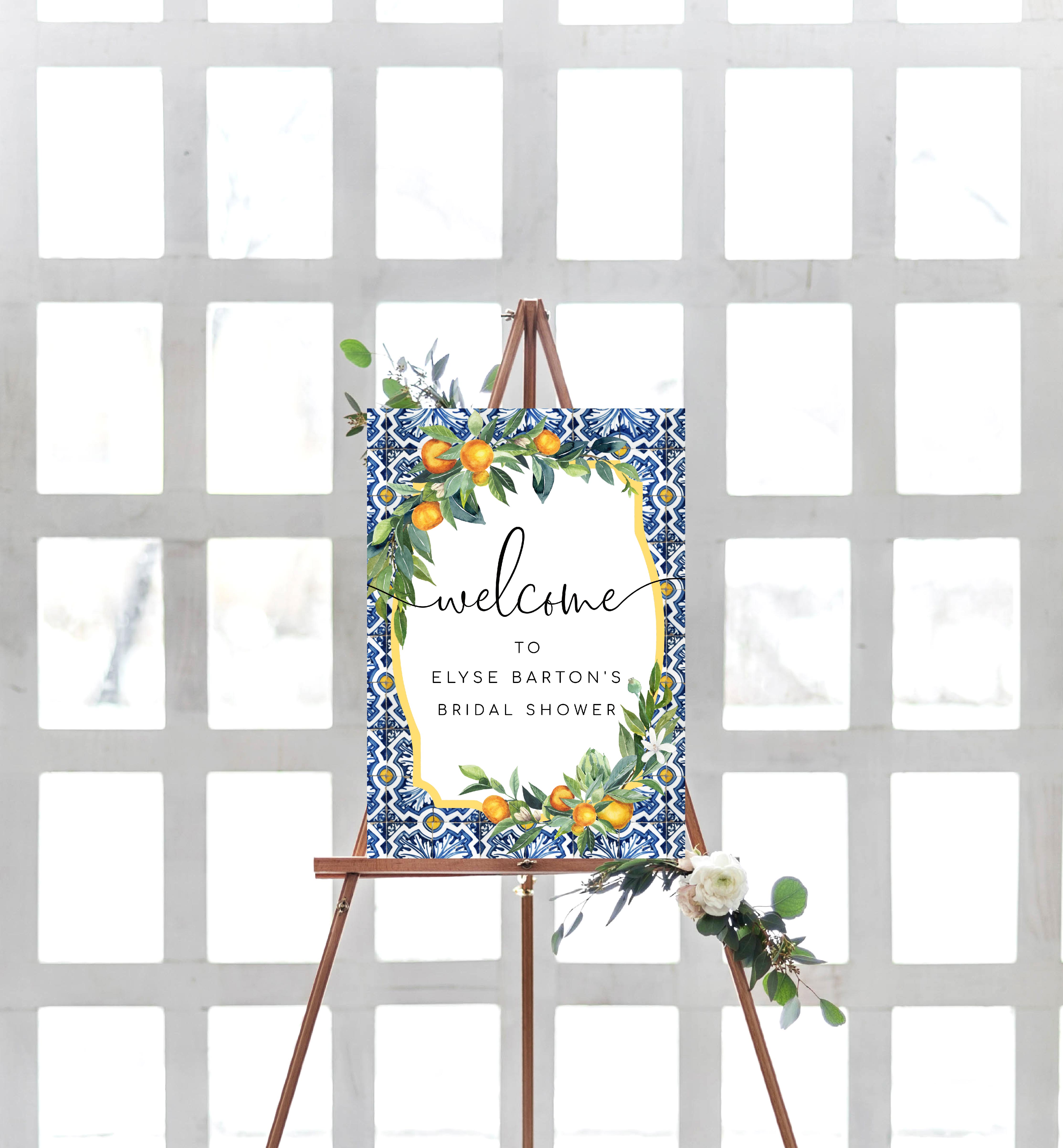 POS-BLO-3-B488 - POSITANO BLUE TILE - ORANGES - WELCOME SIGN design preview