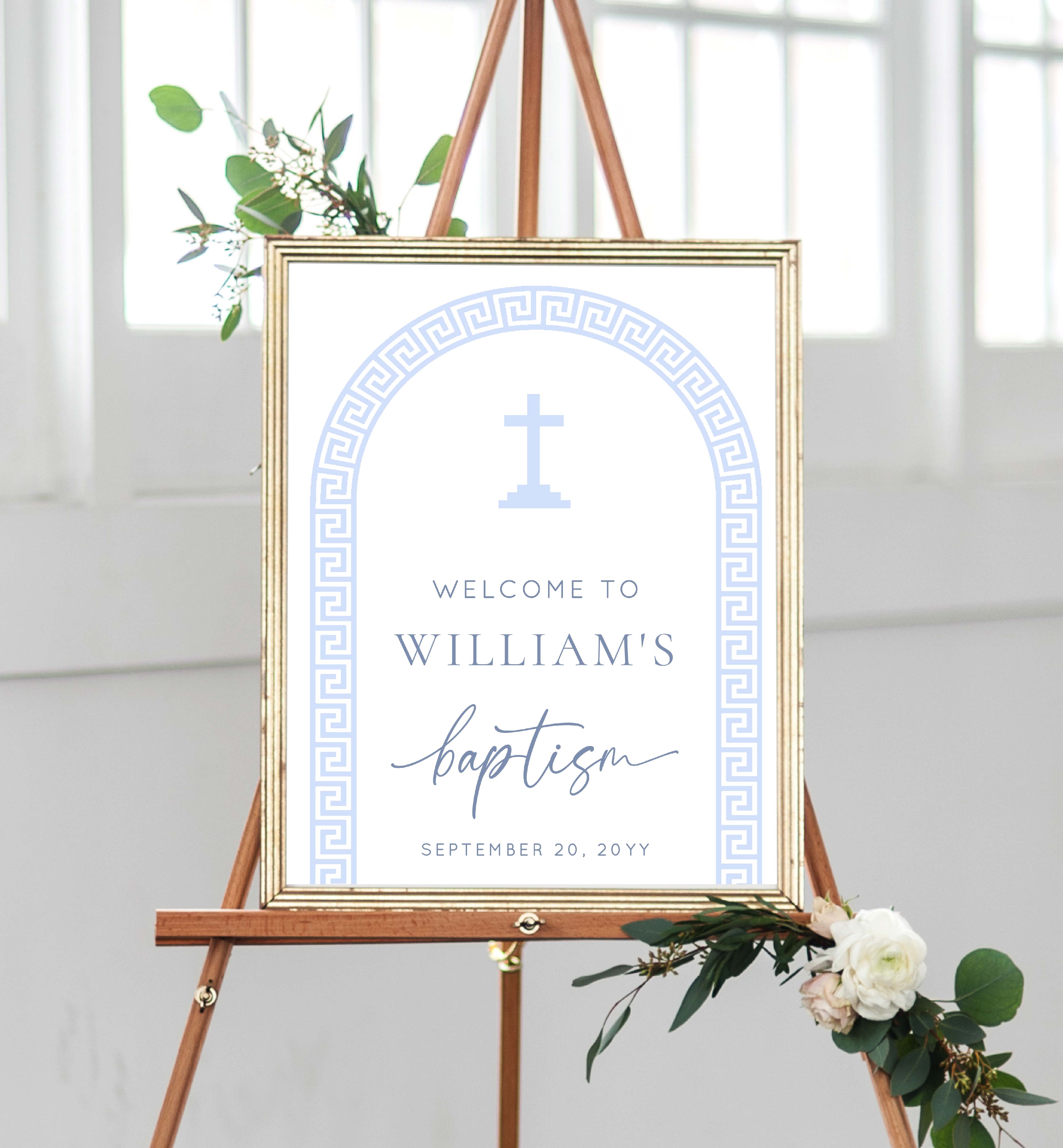 GRK-WBL-3-B2923 - GREEK KEY - WHITE BLUE - BAPTISM WELCOME SIGN design preview