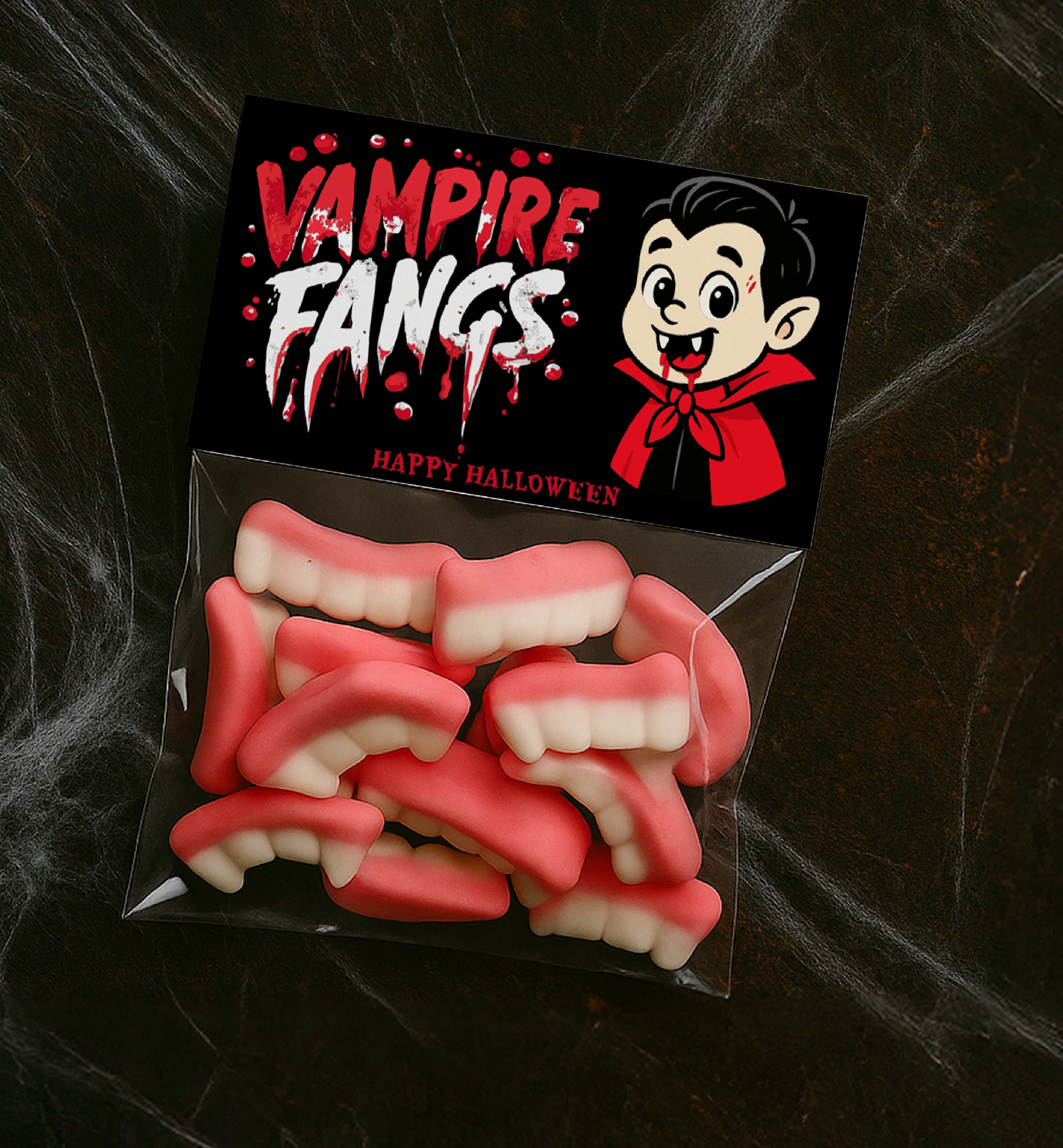 HAL-BLK-6-B3680 - HALLOWEEN - BLACK - VAMPIRE FANGS BAG TOPPER design preview