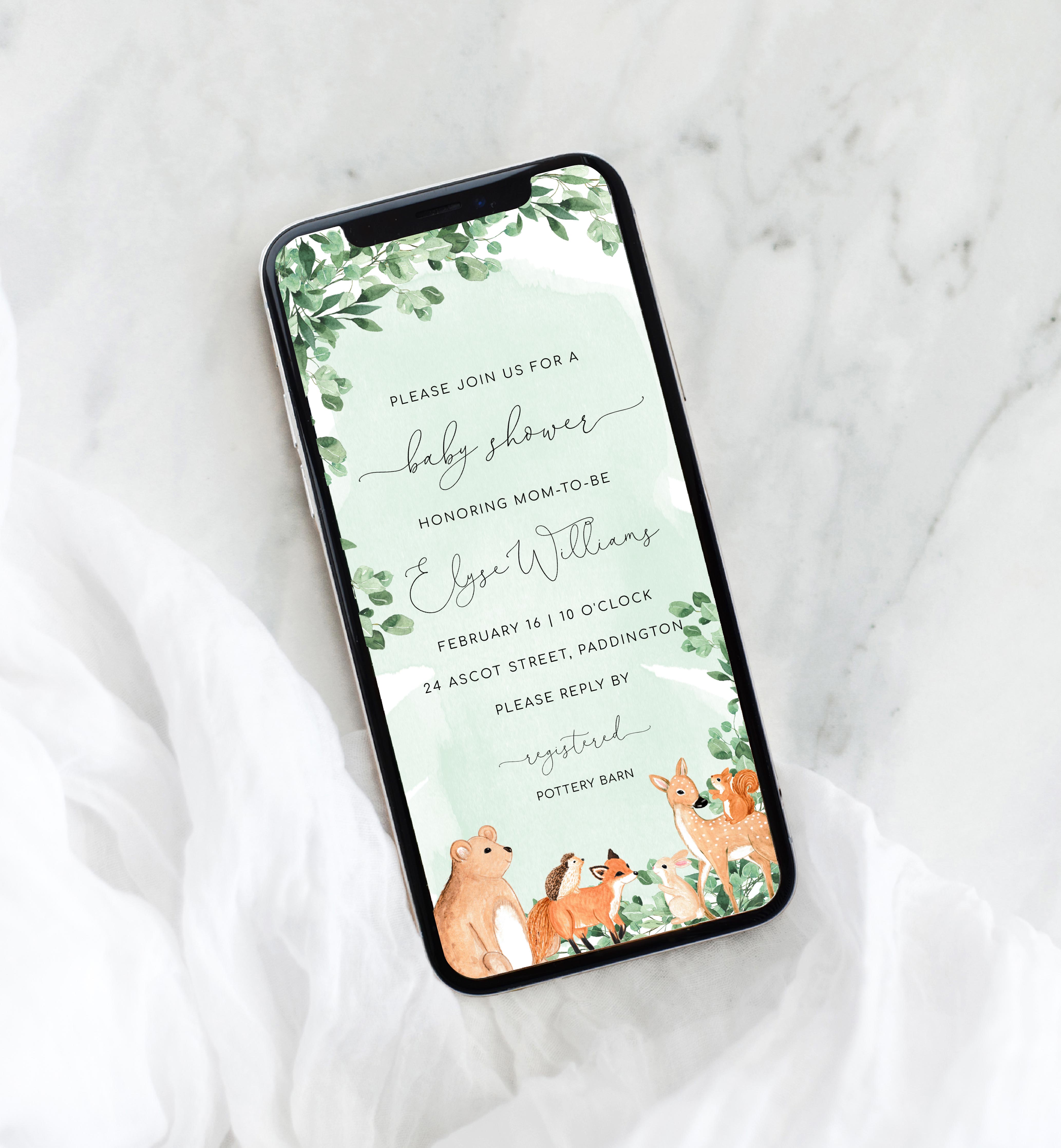 WOD-GRE-16-B1908 - WOODLAND - GREEN - BABY SHOWER SMARTPHONE INVITATION design preview