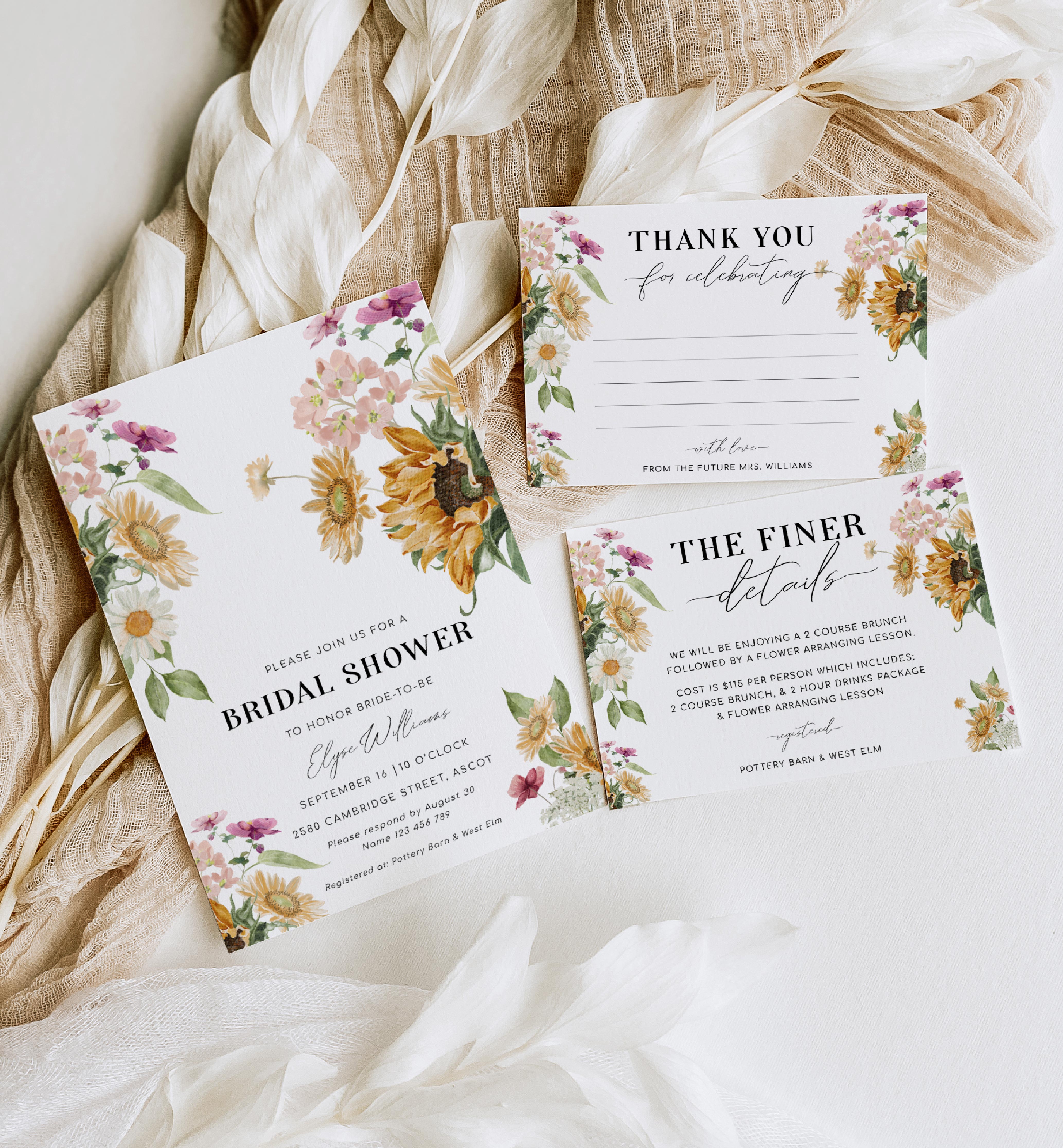 MEW-WHT-1-B2251 - MEWS FLORAL - WHITE - BRIDAL SHOWER INVITATION SUITE design preview