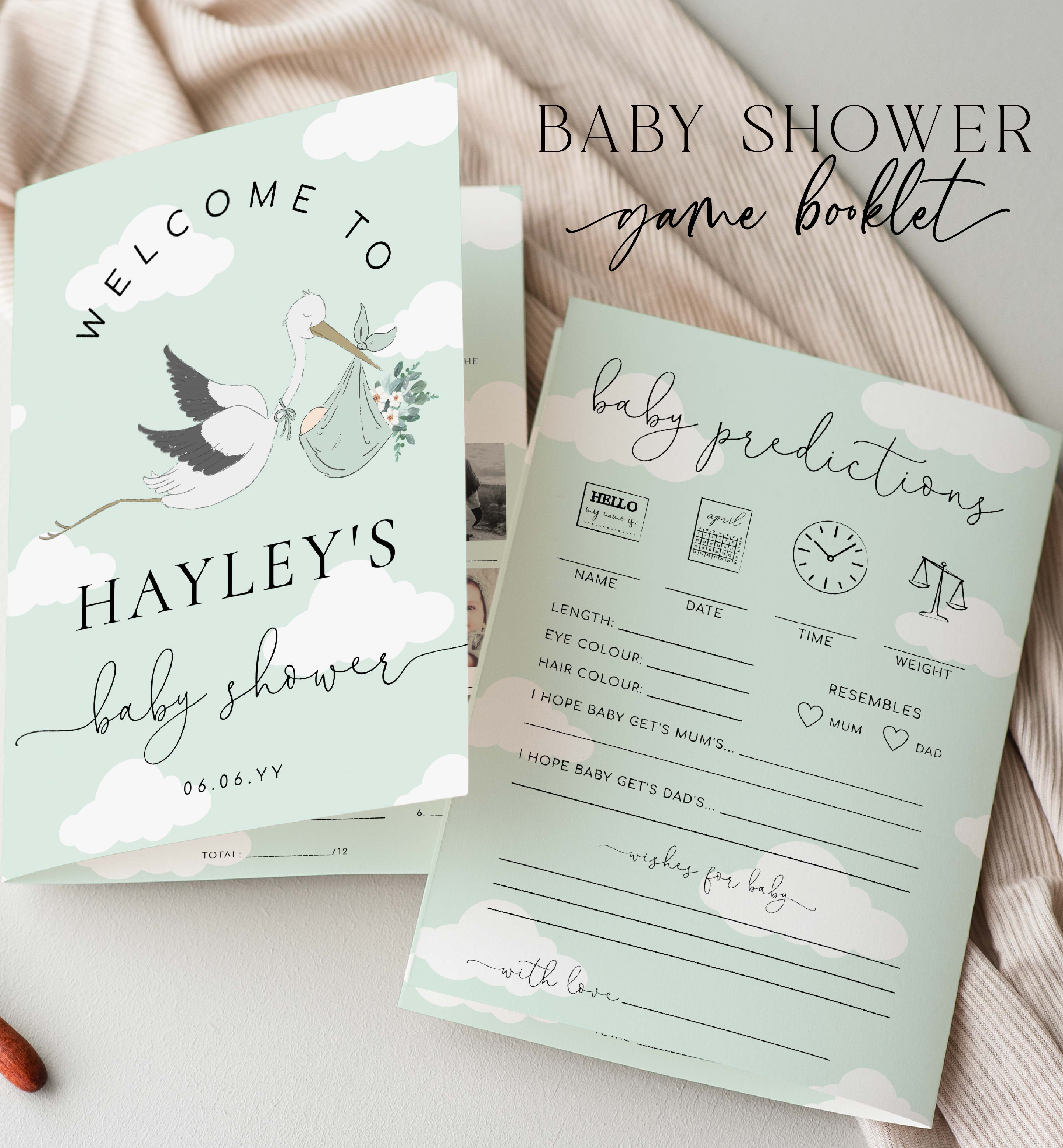 STO-GRE-10-B3121 - STORK - GREEN - BABY SHOWER GAME BOOKLET design preview