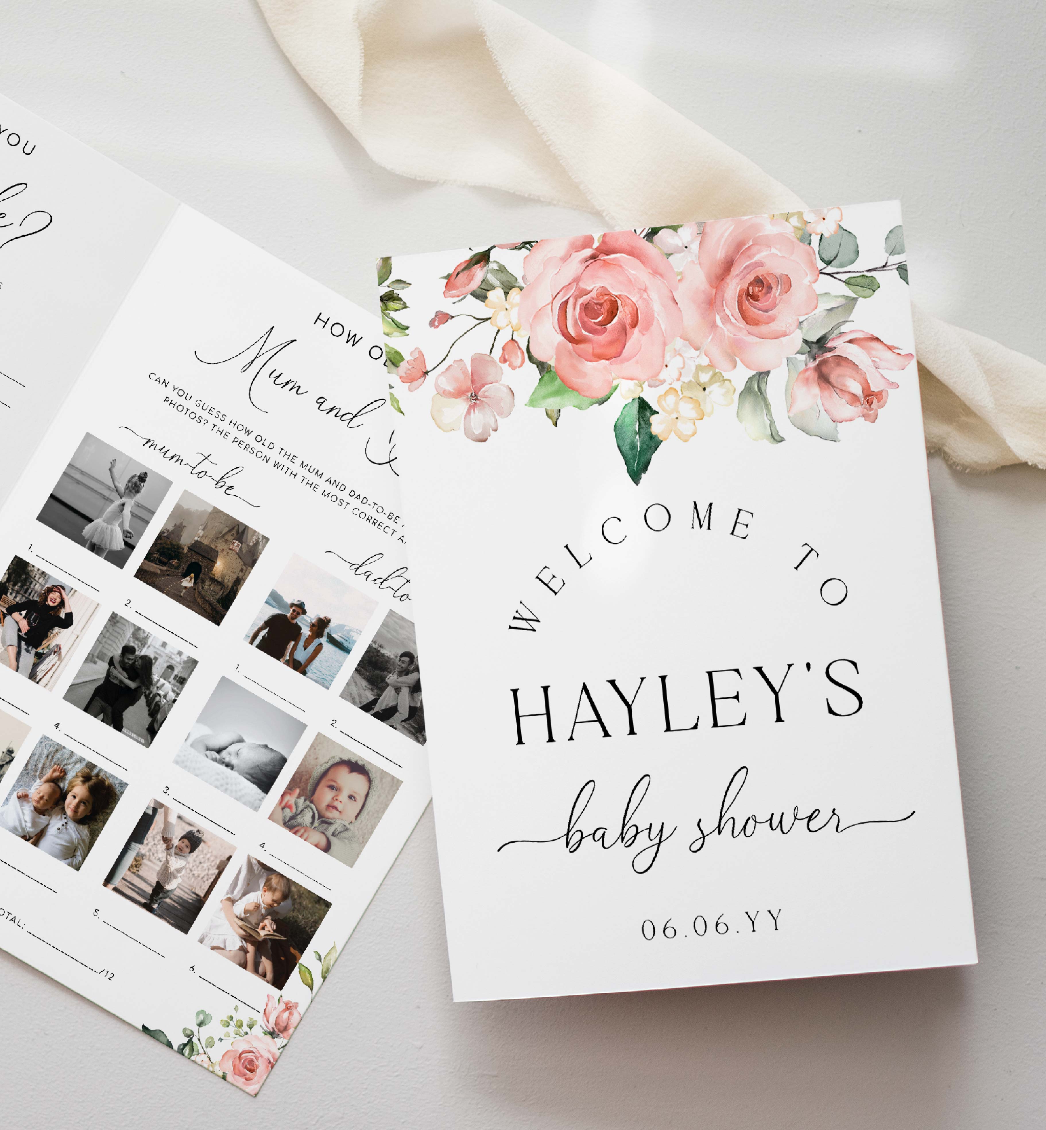 DAR-PNK-10-B3105 - DARCY FLORAL - PINK - BABY SHOWER GAME & MENU BOOKLET design preview