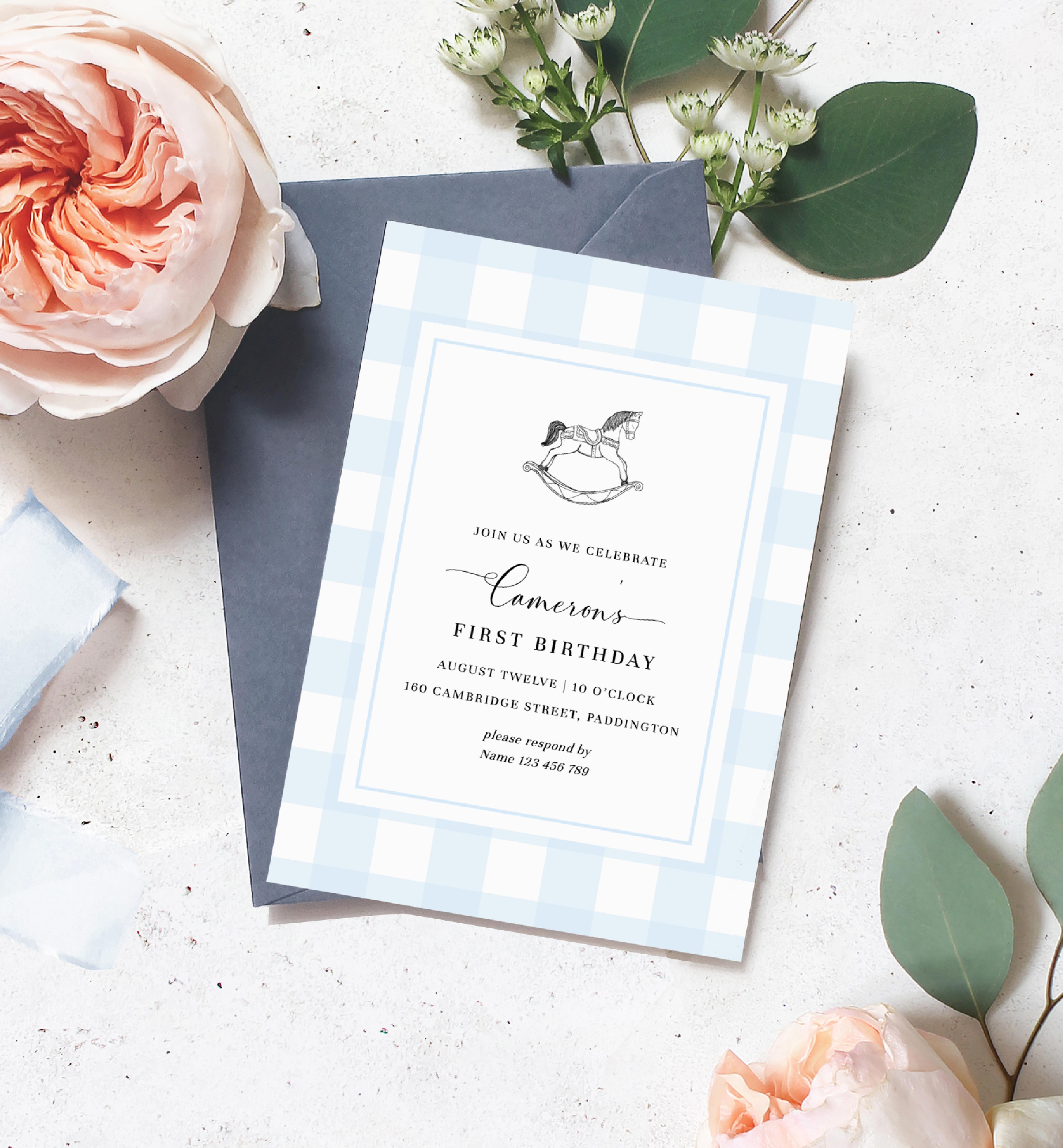 GIN-BLU-1-B1942 - GINGHAM - BLUE - ROCKING HORSE BIRTHDAY INVITATION design preview