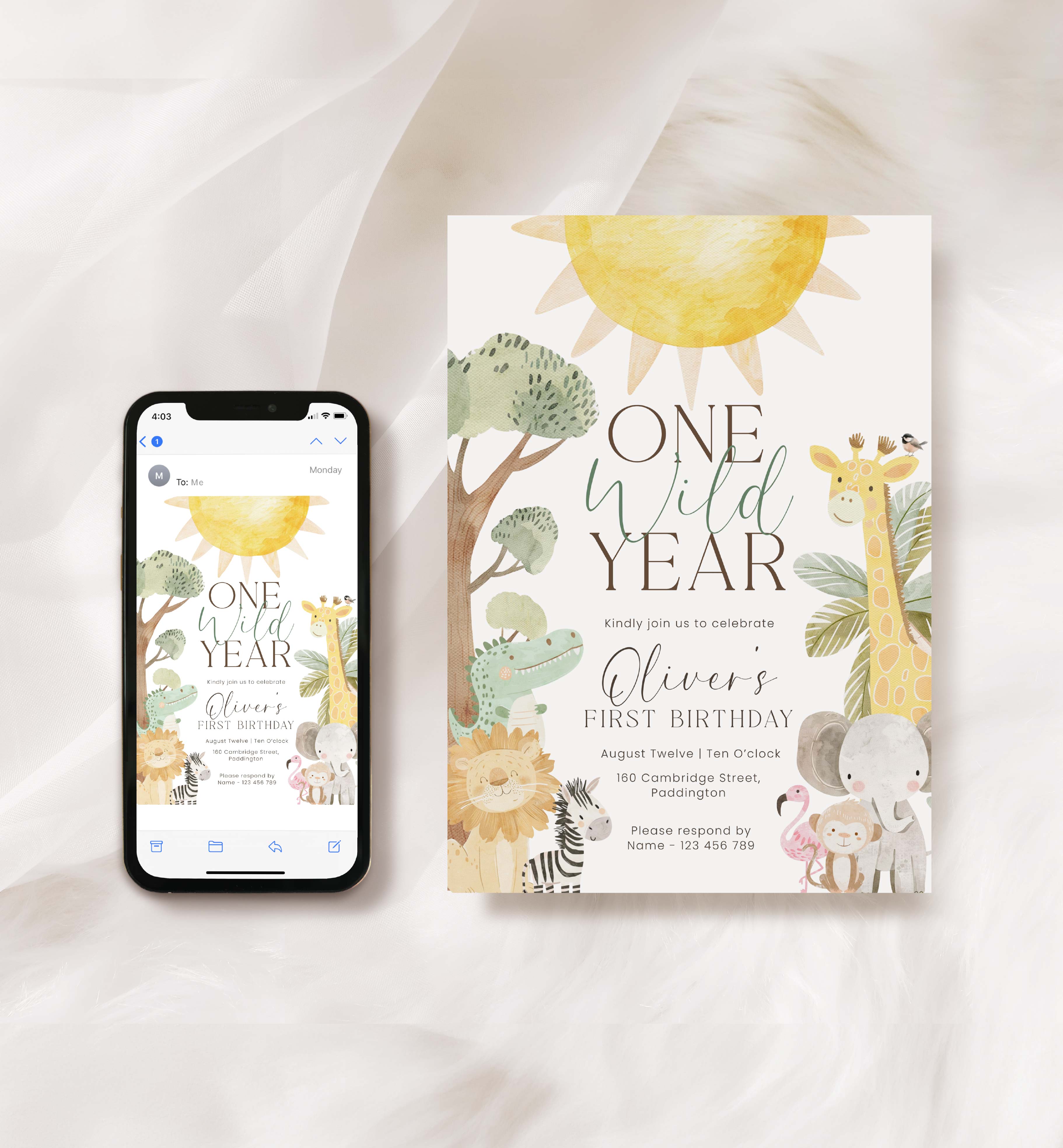 NYS-WHT-1-B3731 - NYALA SAFARI - WHITE - ONE WILD YEAR BIRTHDAY INVITATION design preview