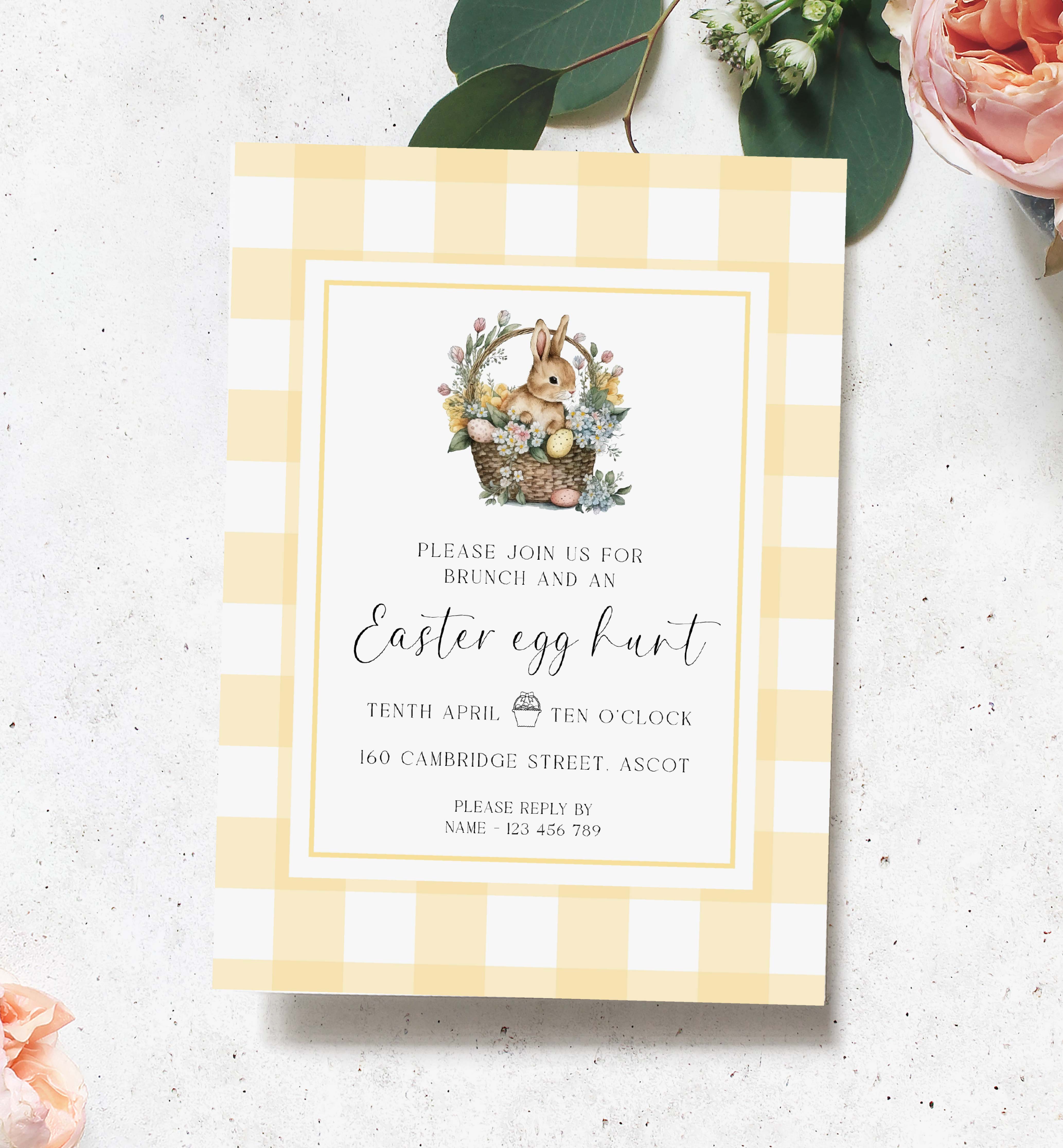 GIN-YEL-1-B3051 - GINGHAM - YELLOW BUNNY BASKET - EASTER EGG HUNT INVITATION design preview