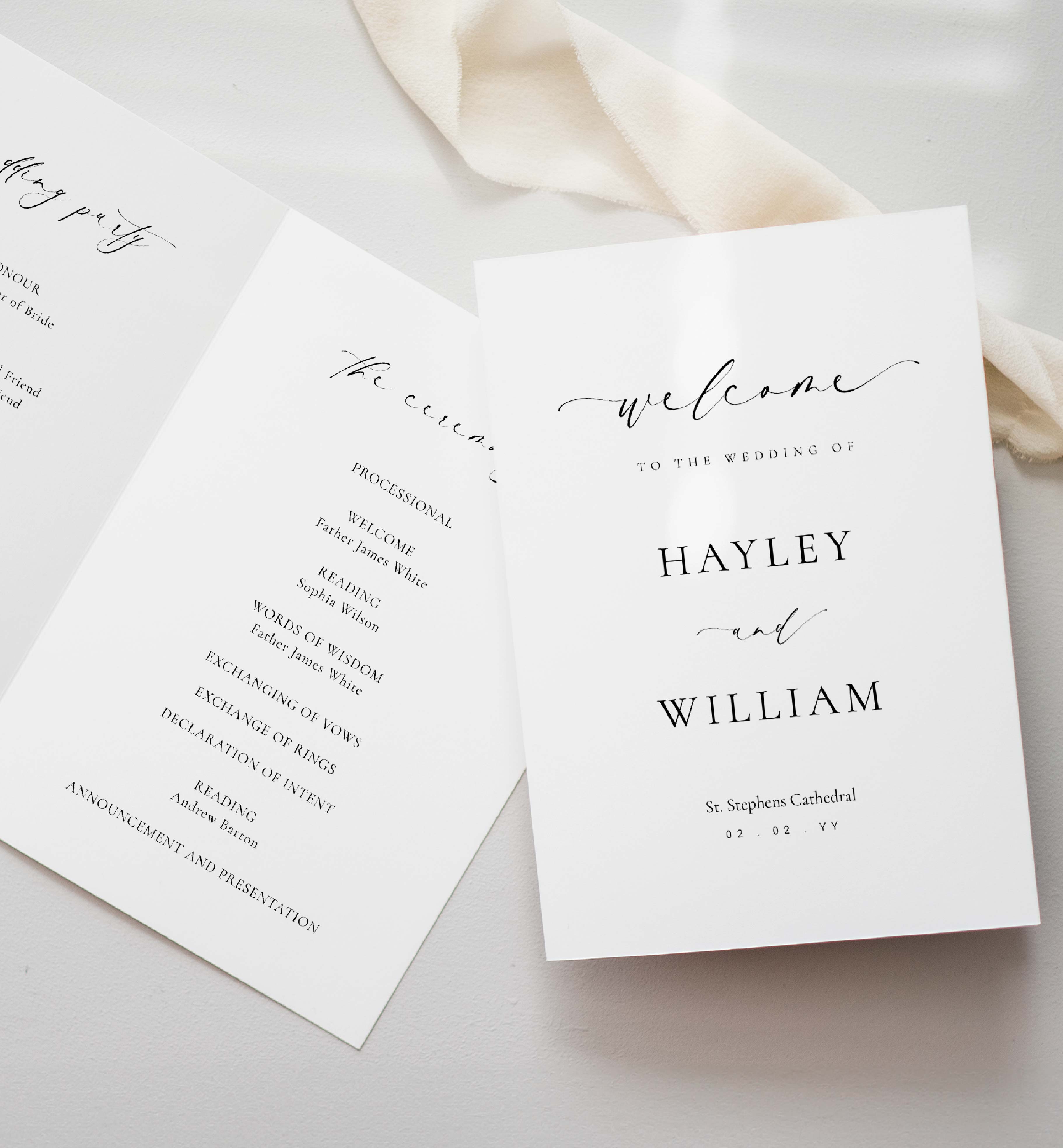 ELE-WHT-11-B3178 - ELLESMERE - WHITE - WEDDING SINGLE FOLD PROGRAM design preview