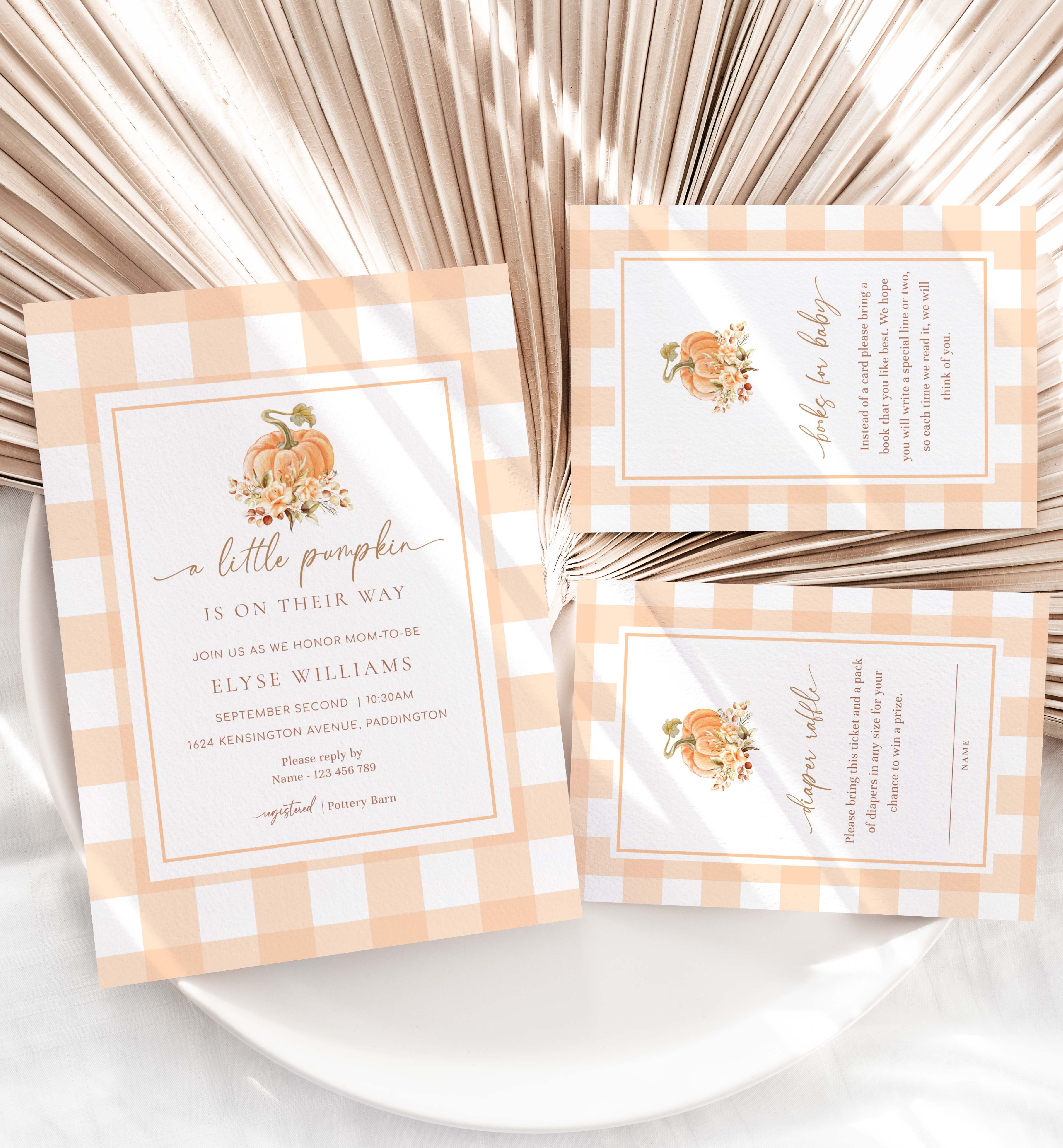 GIN-PEA-1-B2877 - GINGHAM - PEACH PUMPKIN - BABY SHOWER INVITATION SUITE design preview