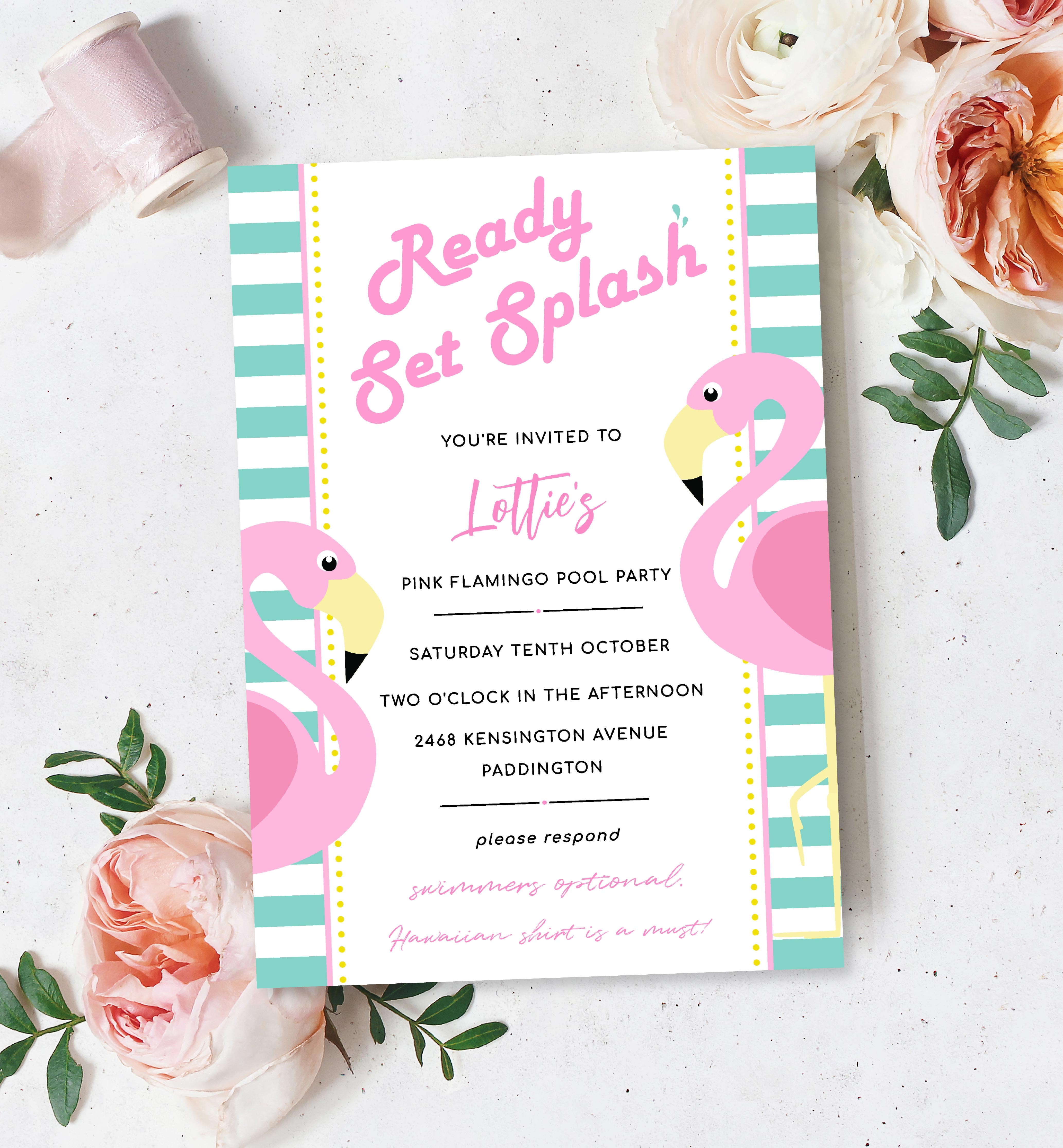 PKF-BPK-1-B693 - PINK FLAMINGO - BLUE PINK - POOL PARTY BIRTHDAY PARTY INVITATION design preview