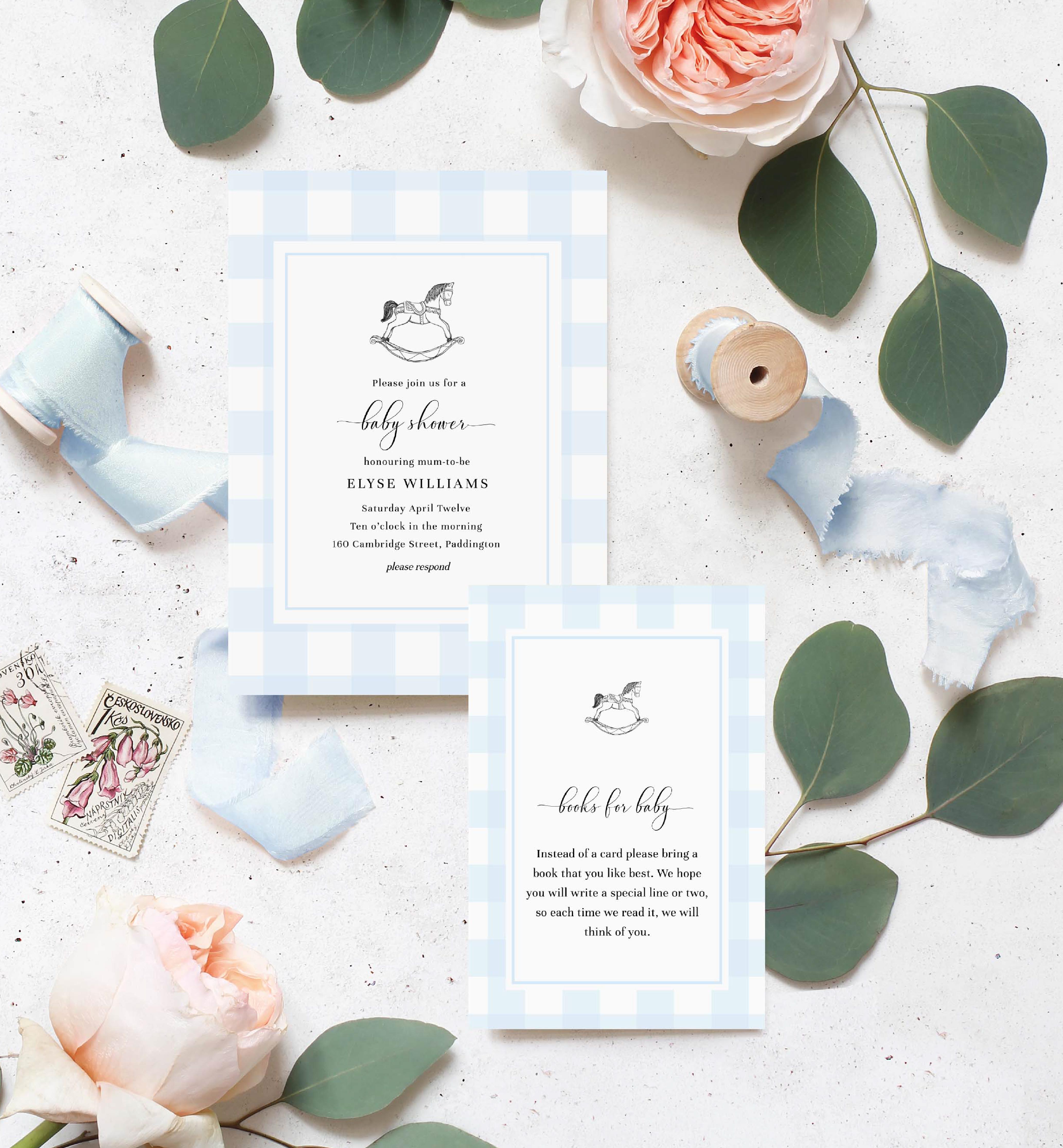GIN-BLU-1-B1646 - GINGHAM - BLUE - ROCKING HORSE BABY SHOWER INVITATION SUITE design preview