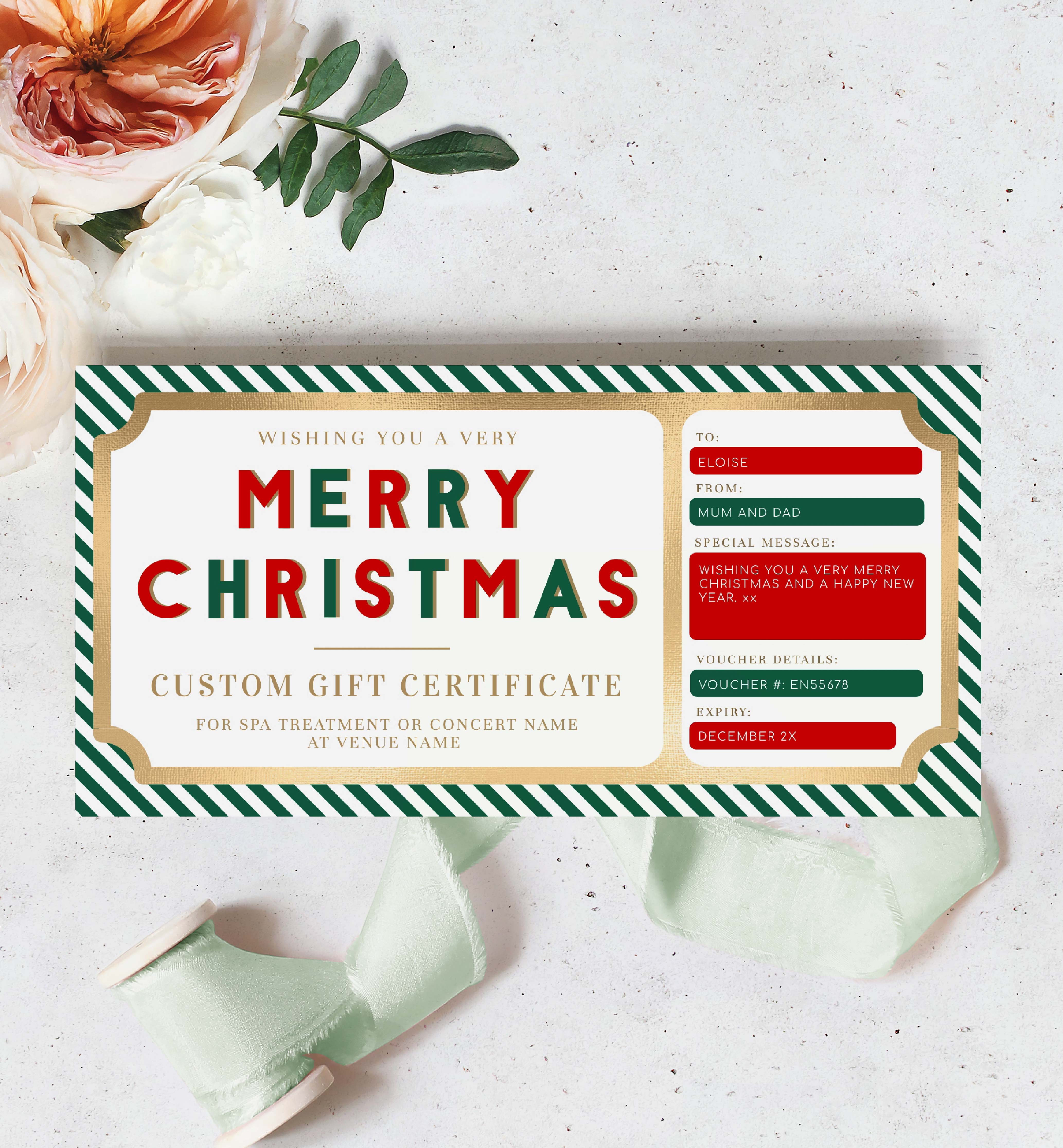 STR-GRD-14-B1798 - STRIPE - GREEN RED - CHRISTMAS GIFT CERTIFICATE design preview
