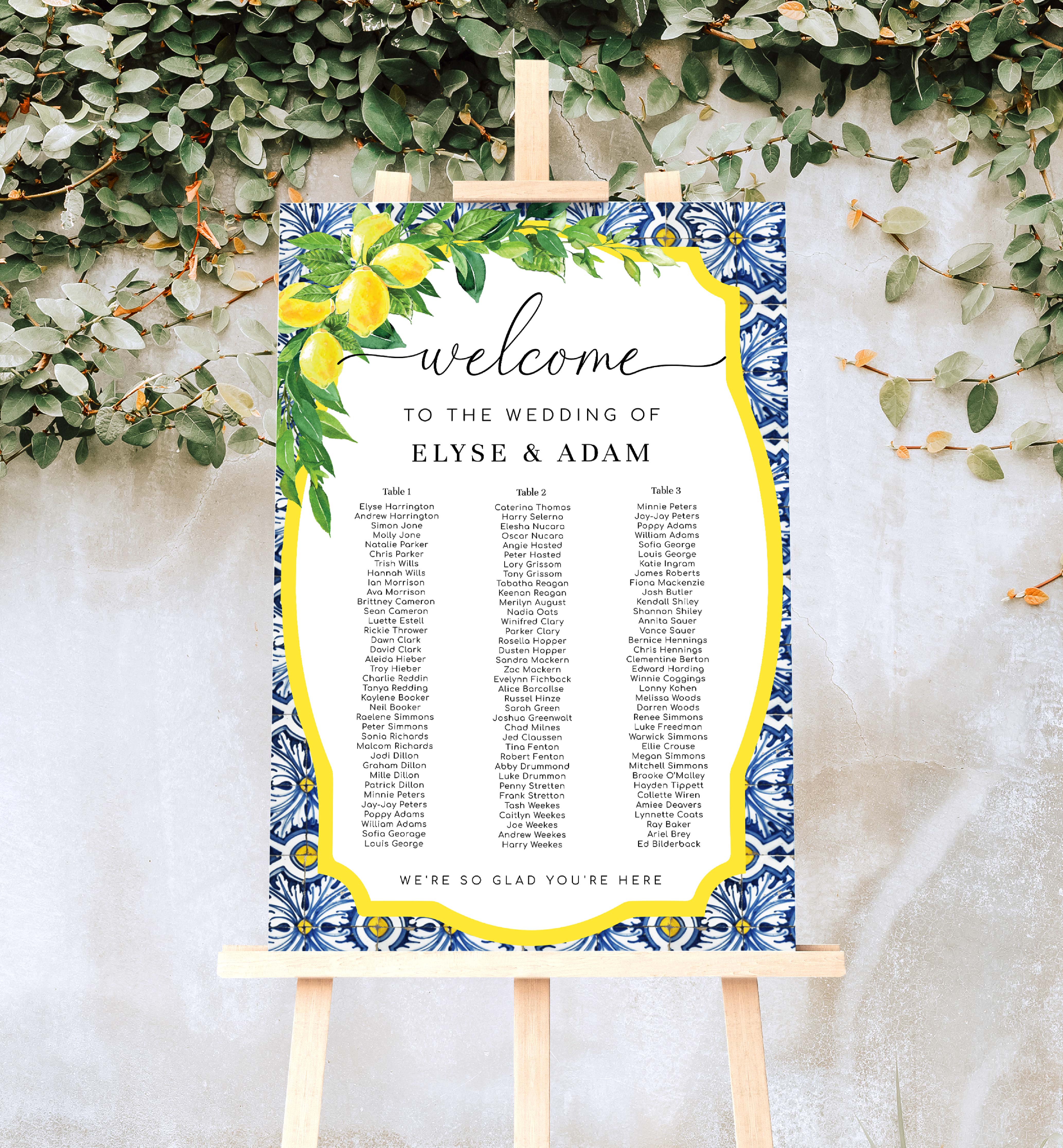 POS-BLY-4-B2666 - POSITANO BLUE TILE LEMONS - 3 TABLE SEATING CHART - PORTRAIT design preview
