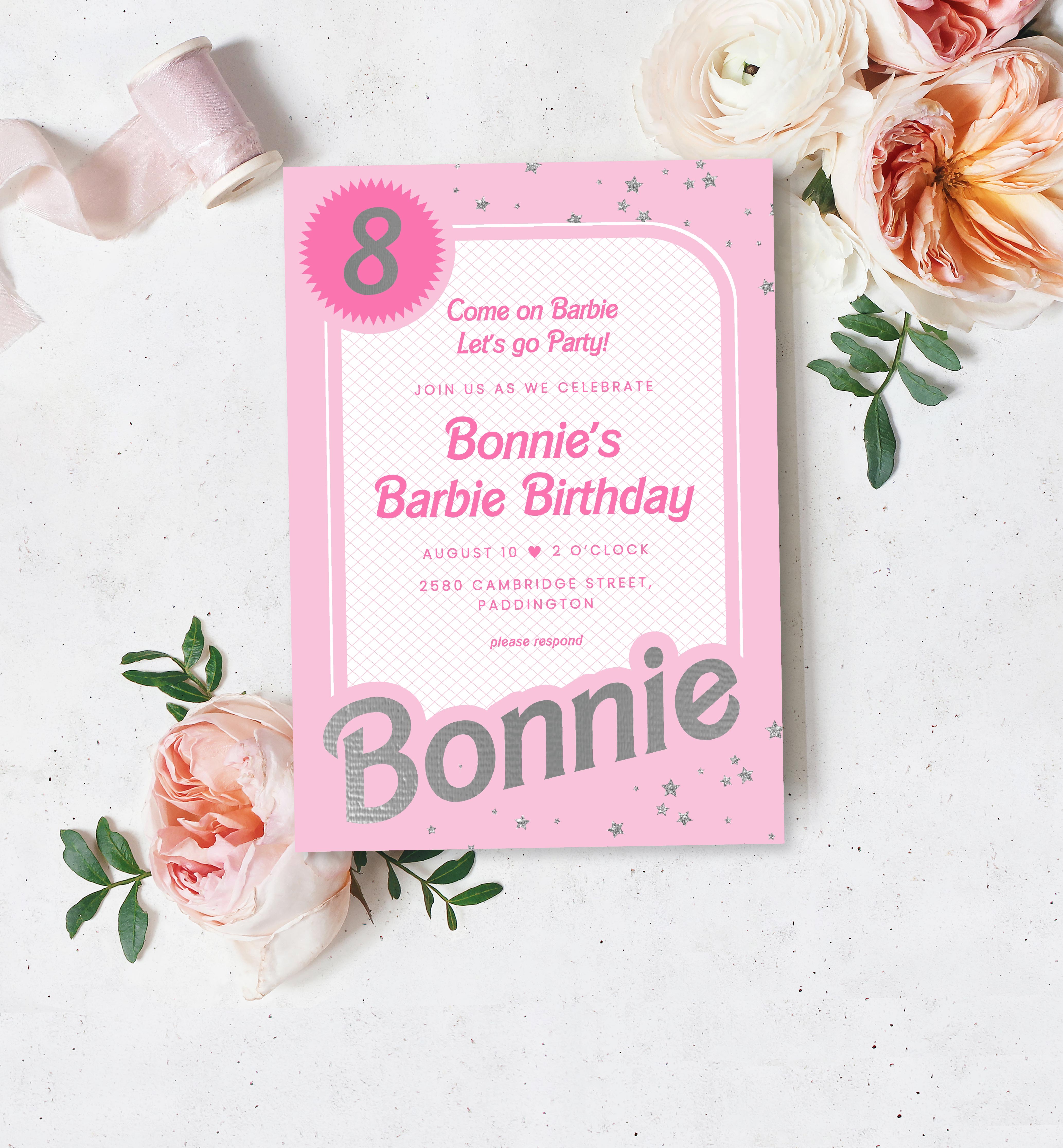 BAR-PNK-1-B1486 - BARBIE PARTY - PINK SILVER - BIRTHDAY INVIATION design preview