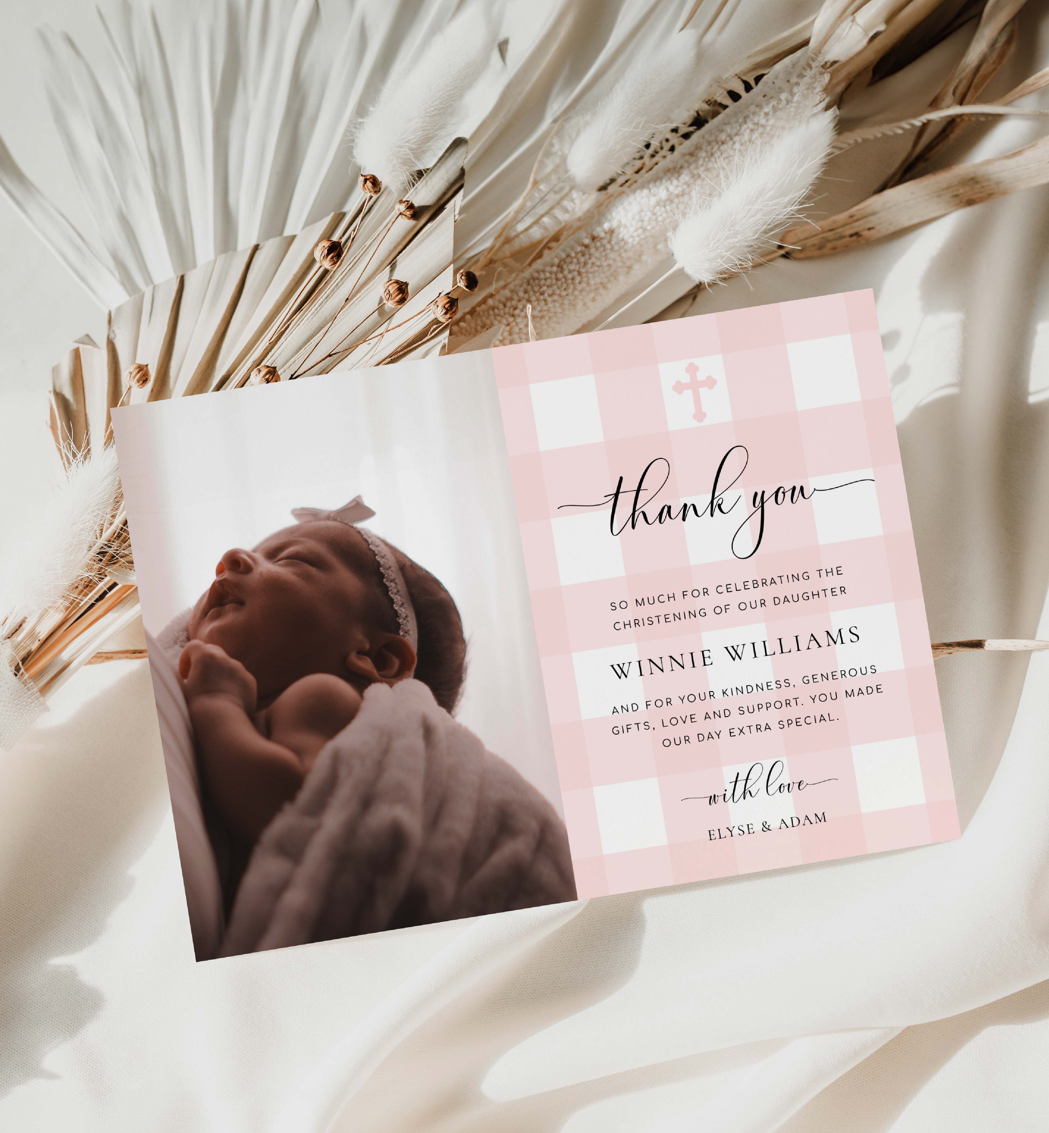 GIN-PNK-8-B3317 - GINGHAM - PINK - PHOTO THANK YOU CARD design preview