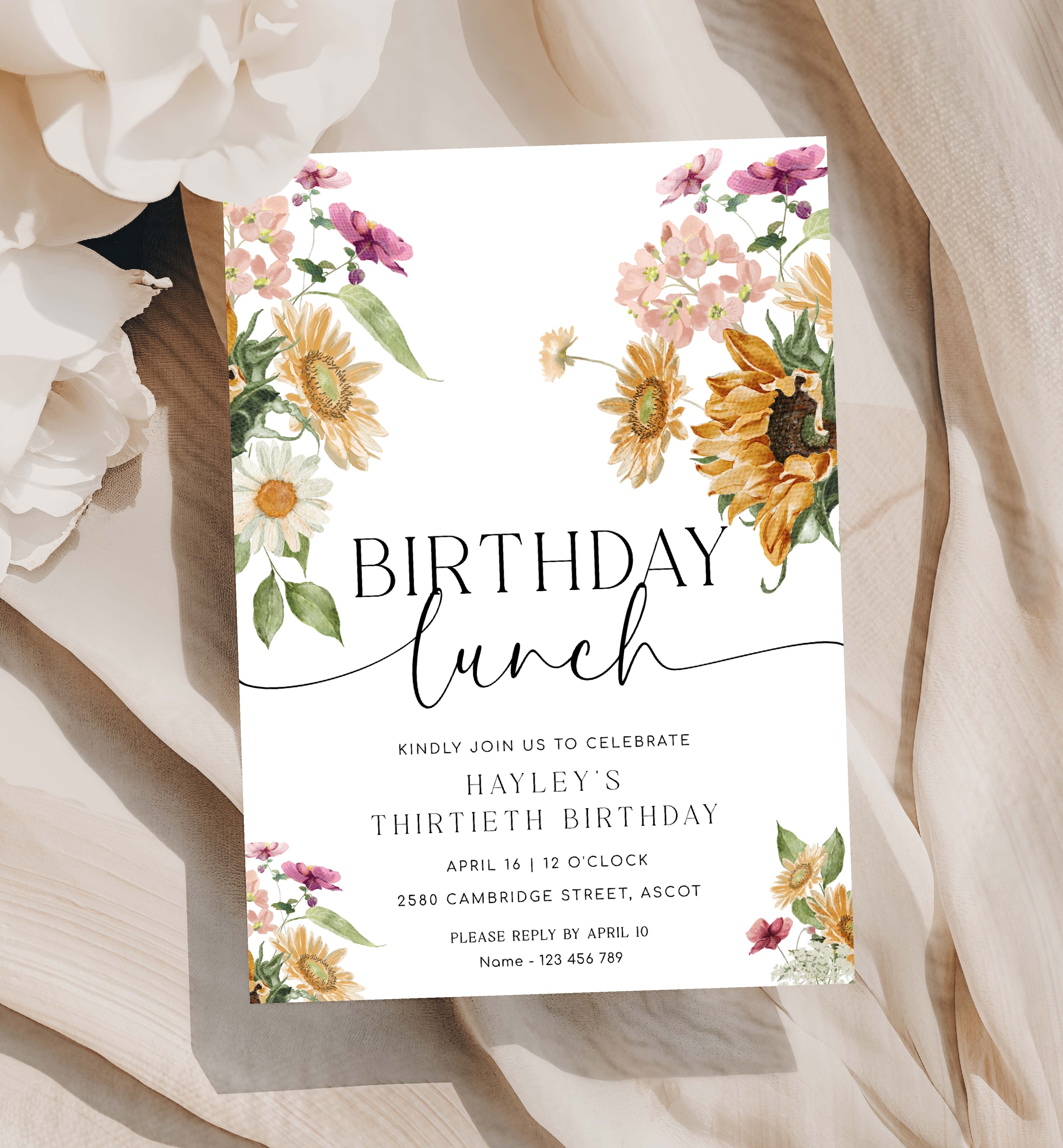 MEW-WHT-1-B3353 - MEWS FLORAL - WHITE - BIRTHDAY LUNCH INVITATION design preview