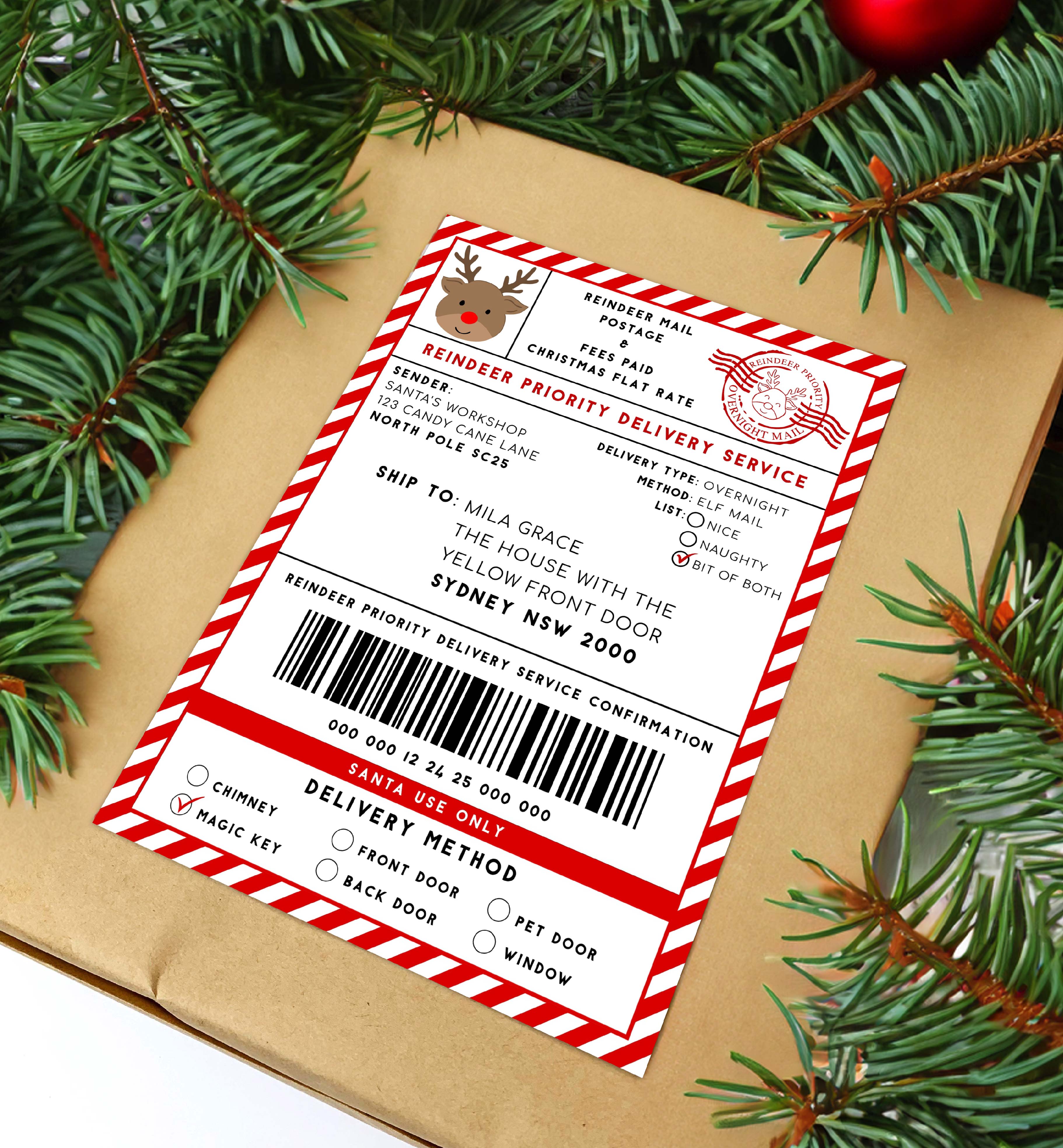 SAW-RED-6-B3370 - SANTAS WORKSHOP - RED - REINDEER SHIPPING LABEL design preview