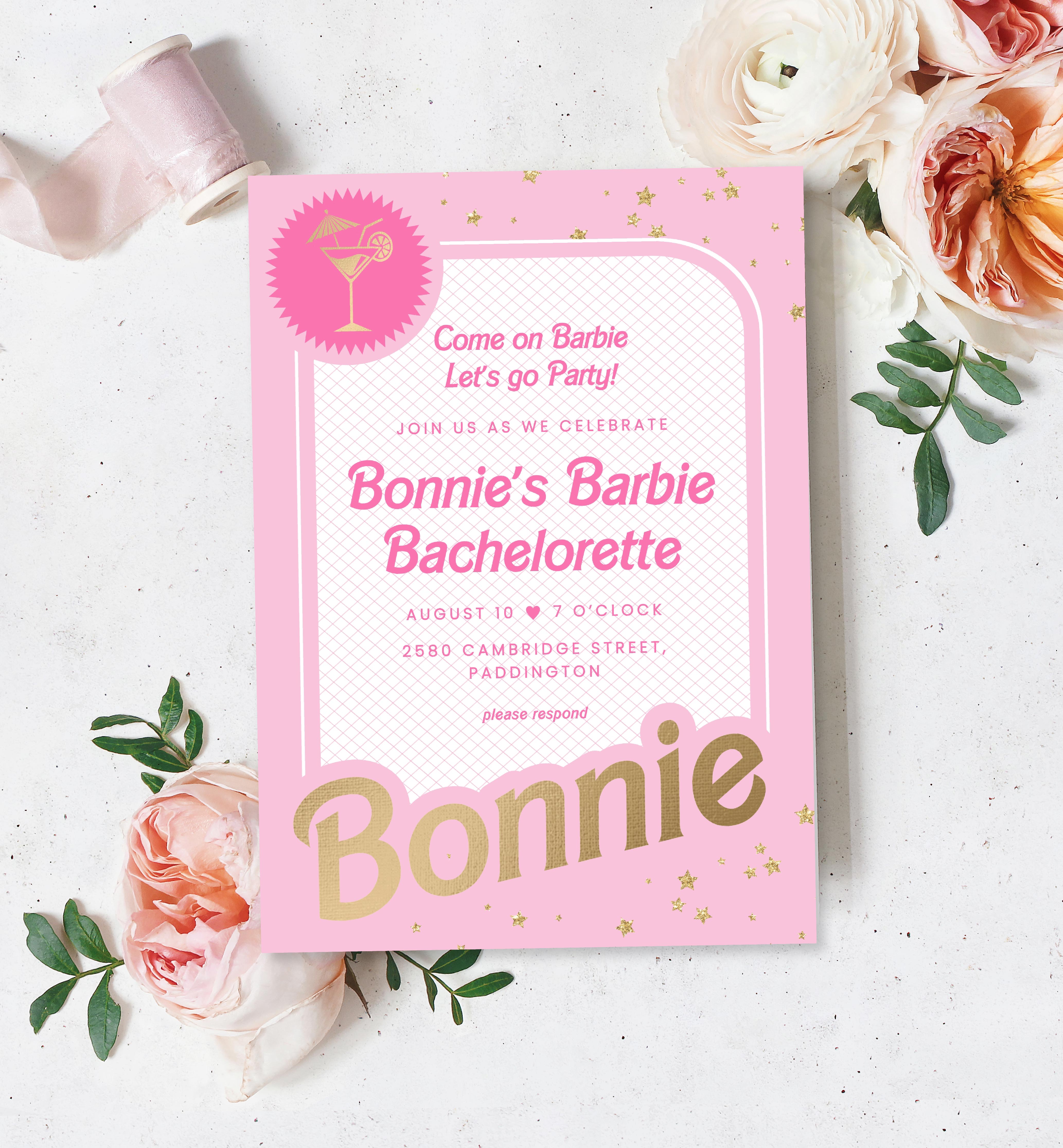 BAR-PNK-1-B1947 - BARBIE BOX - PINK GOLD - BACHELORETTE PARTY INVITAITON design preview