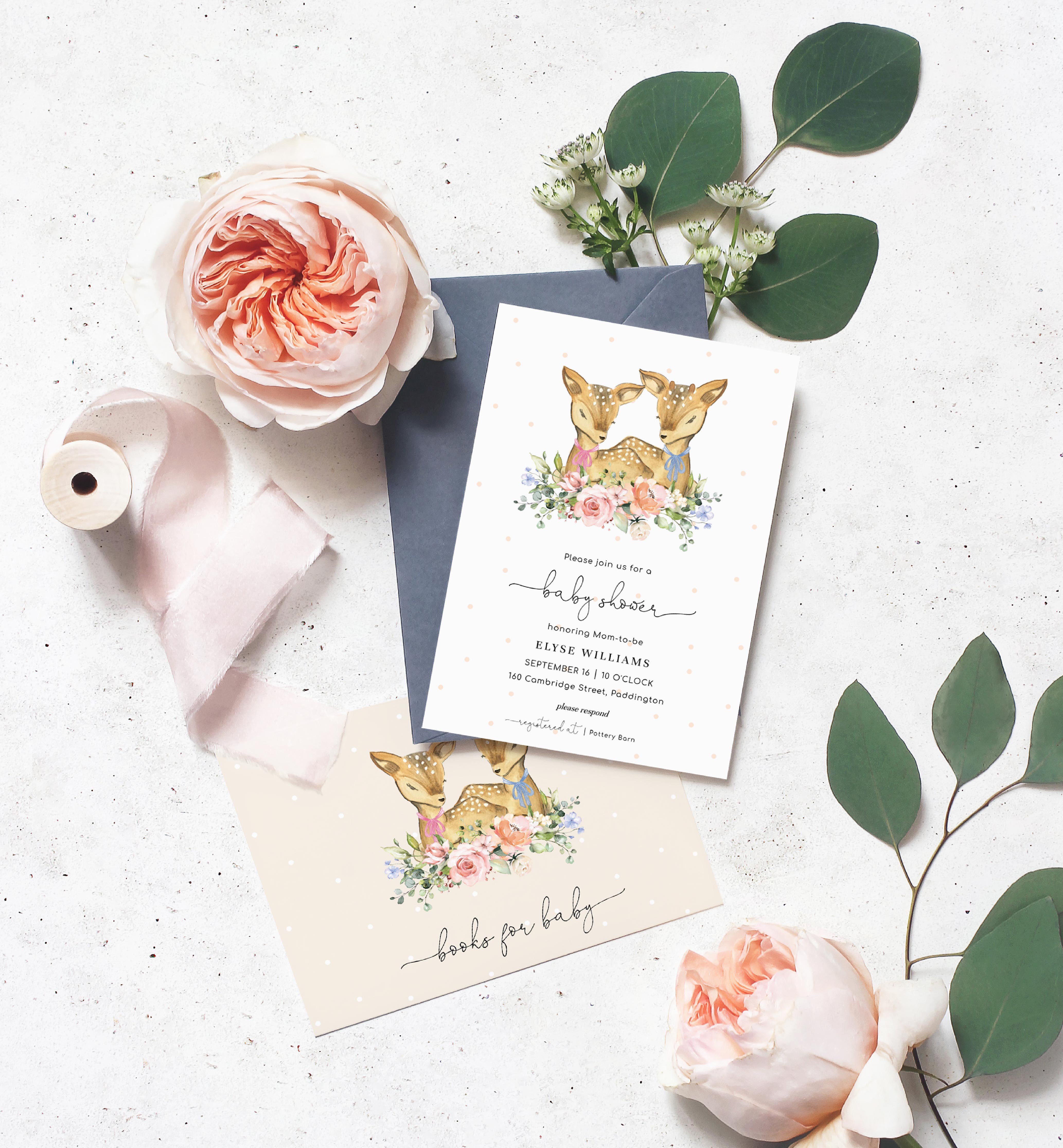 DEE-CPN-1-B1170 - OH DEER - CHAMPAGNE - TWINS BABY SHOWER INVITATION SUITE design preview