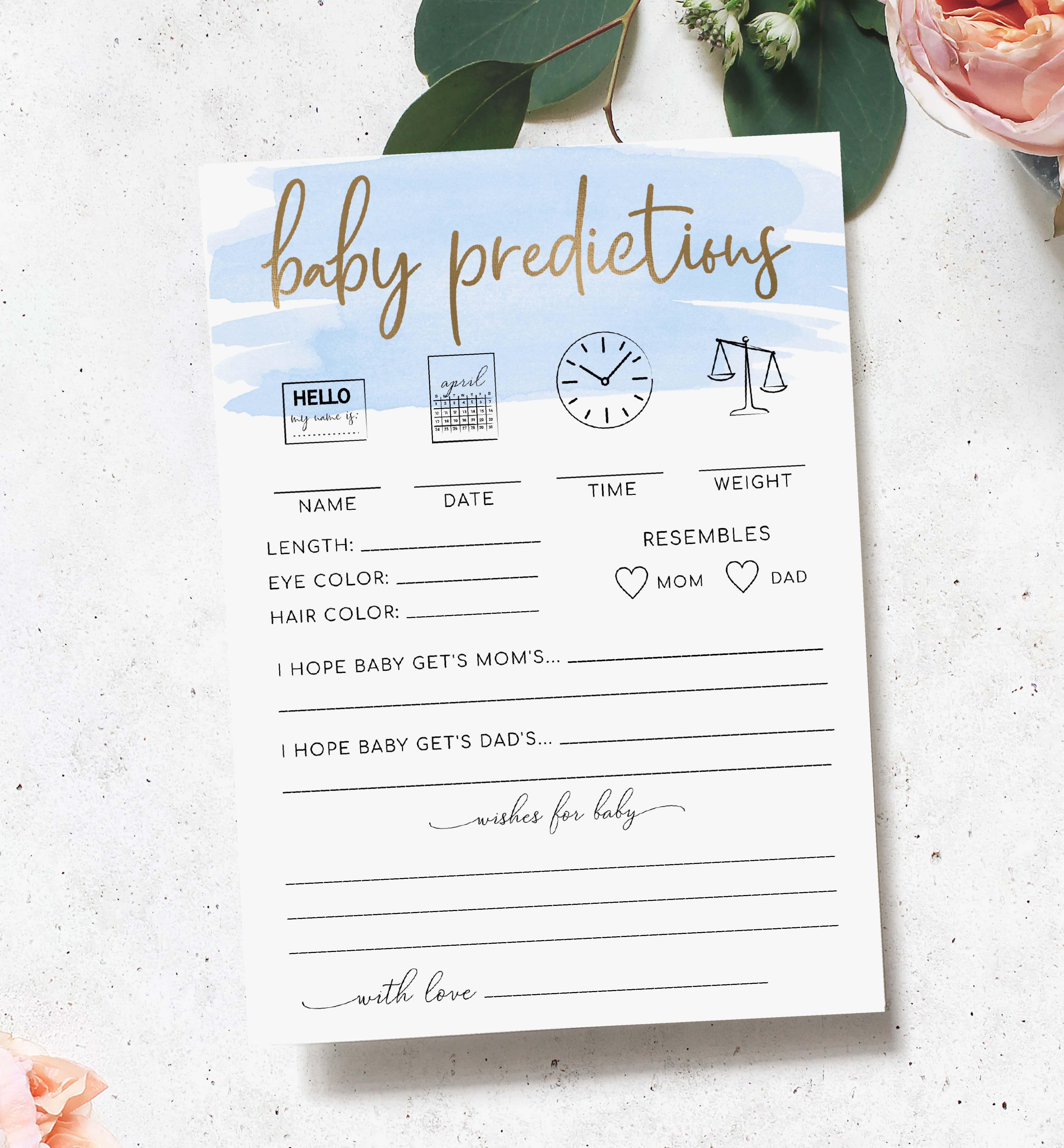 WAT-BLU-10-B400 - WATERCOLOUR BLUE - GOLD FOIL - BABY PREDICTIONS GAME design preview