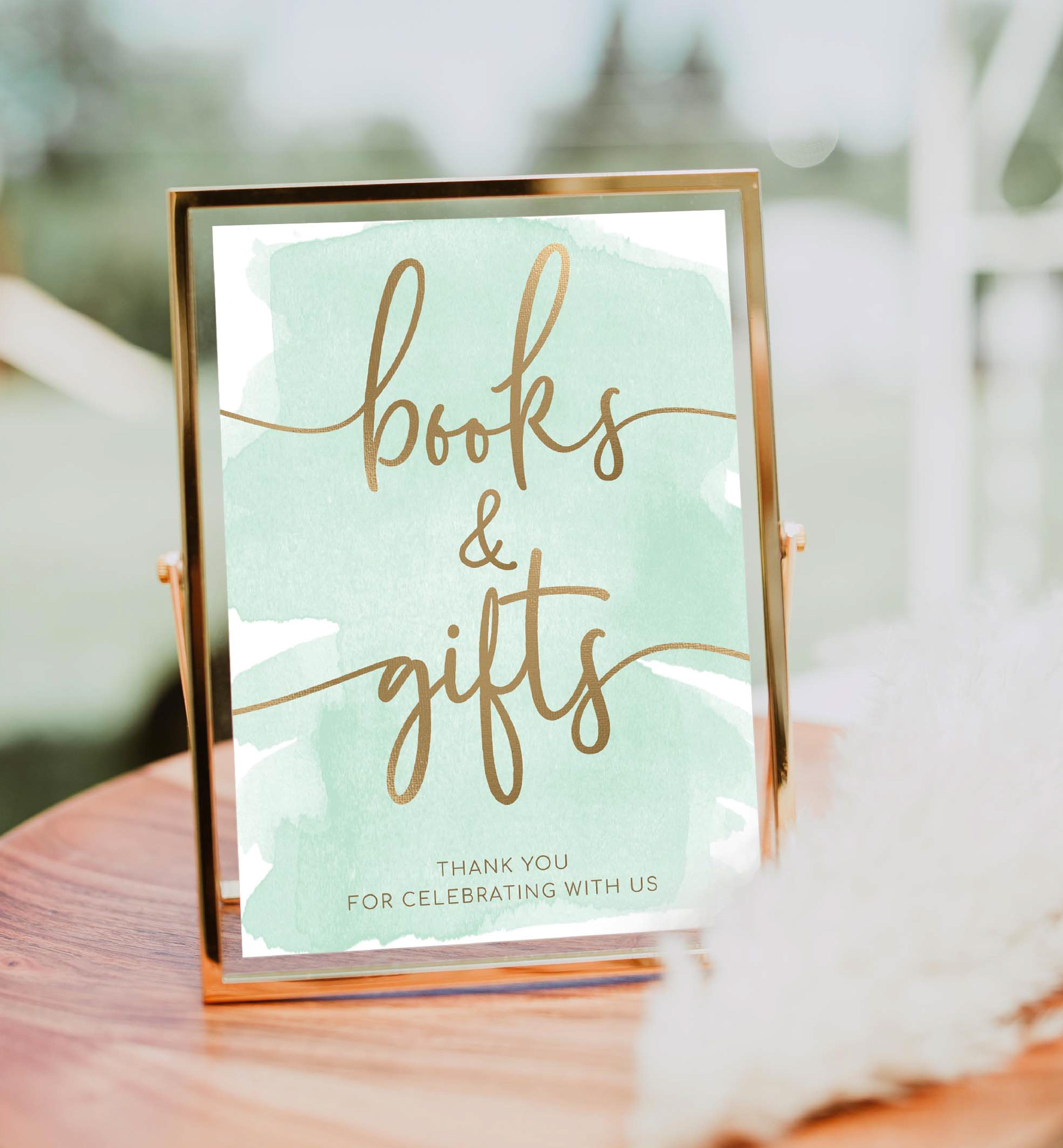 WAT-GRE-7-B362 - WATERCOLOUR GREEN - GOLD FOIL - BOOKS AND GIFTS SIGN design preview
