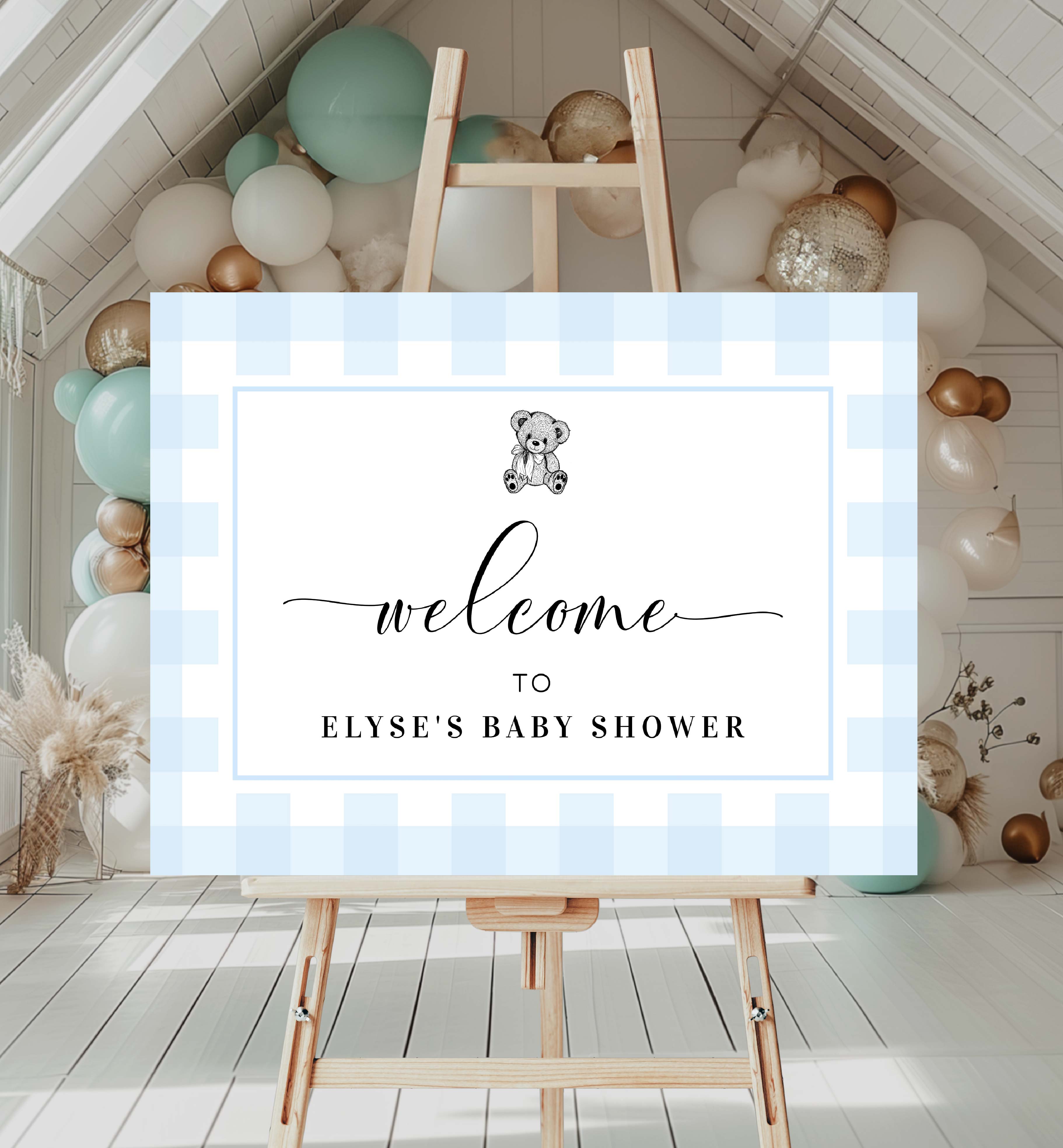 GIN-BLU-3-B2447 - GINGHAM TEDDY - BLUE - WELCOME SIGN design preview