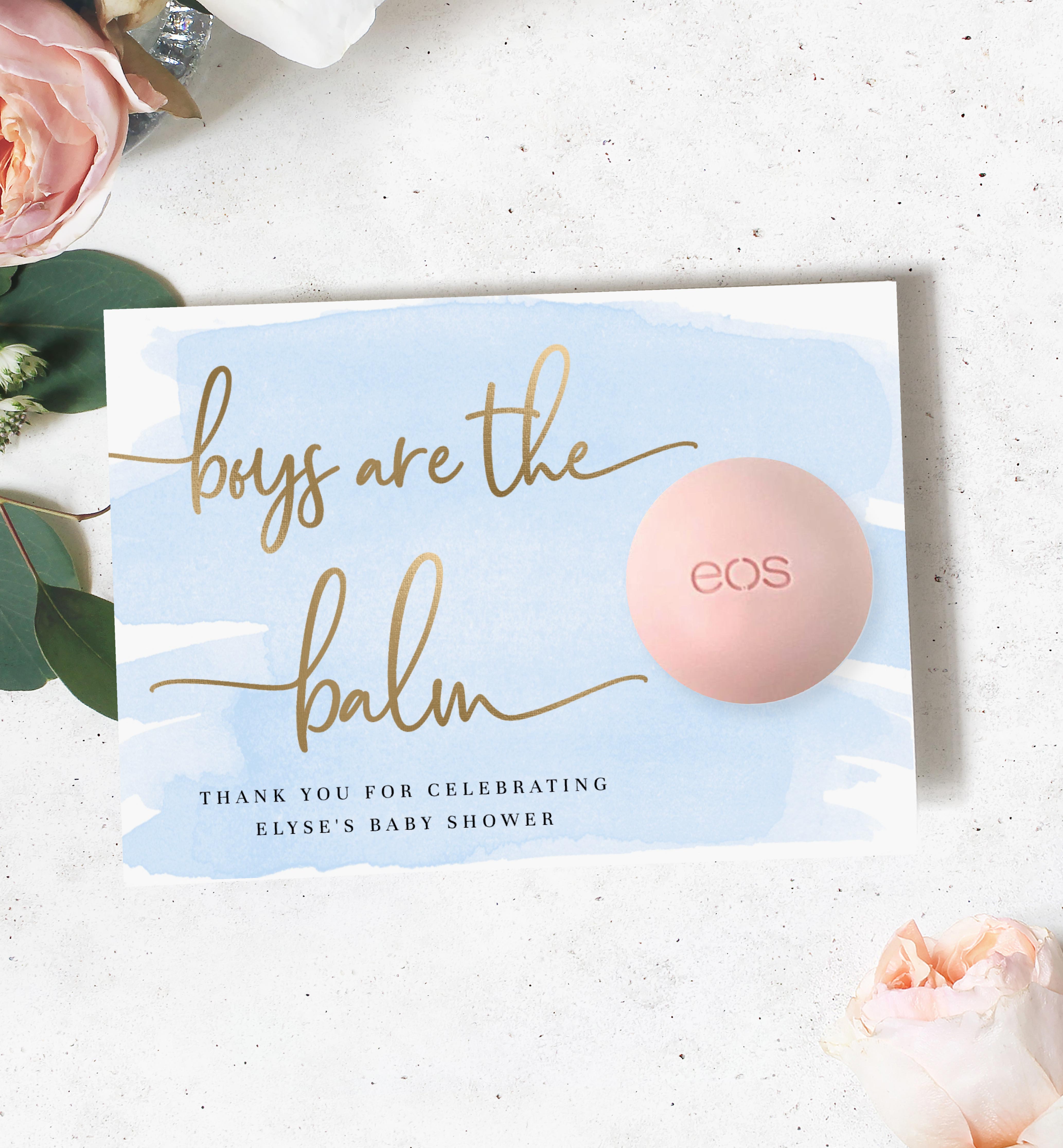 WAT-BLU-6-B2057 - WATERCOLOUR BLUE - GOLD - BOYS ARE THE BALM LIP BALM FAVOUR CARD design preview