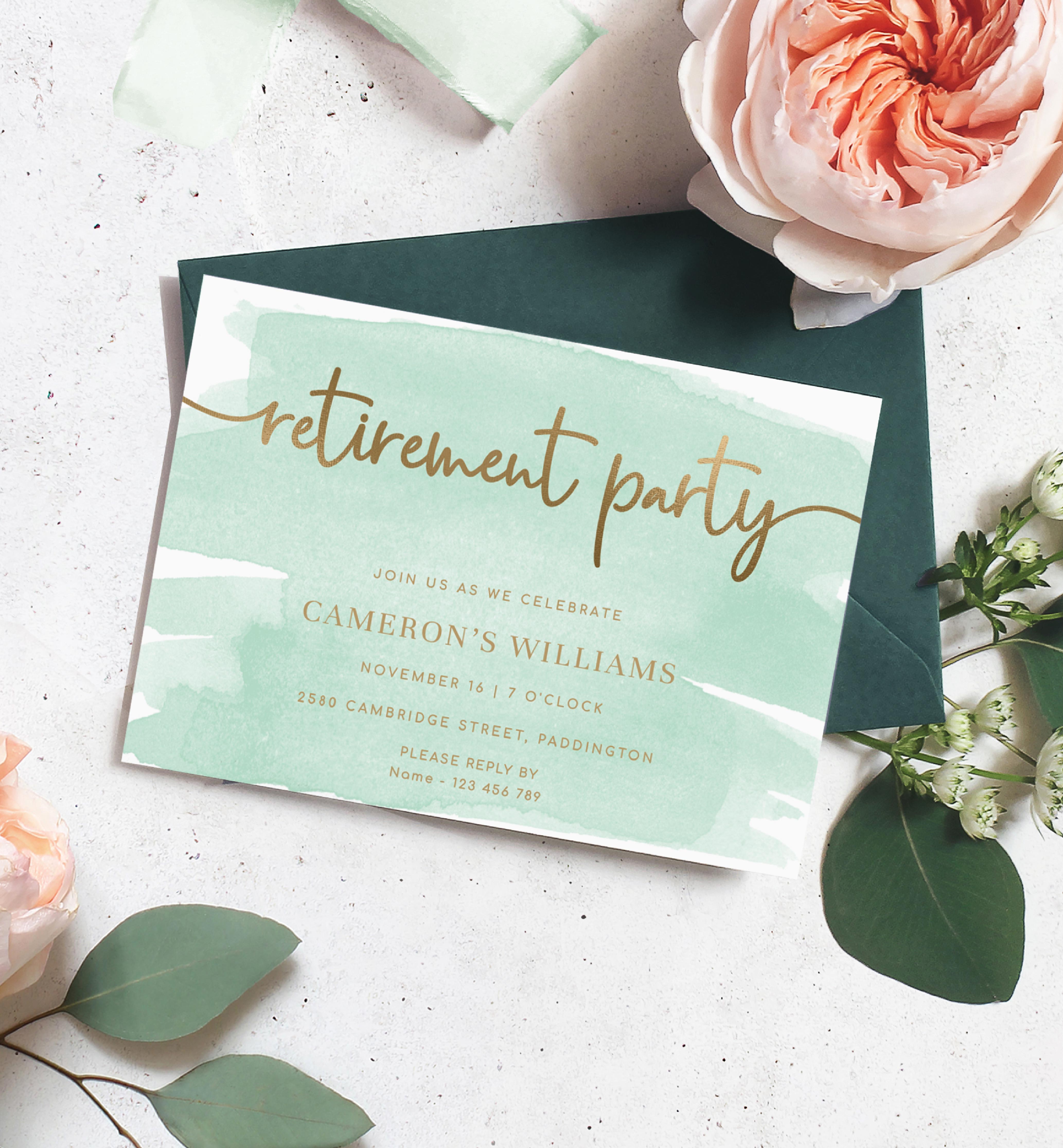 WAT-GRE-1-B2539 - WATERCOLOUR GREEN - GOLD - RETIREMENT PARTY INVITATION design preview
