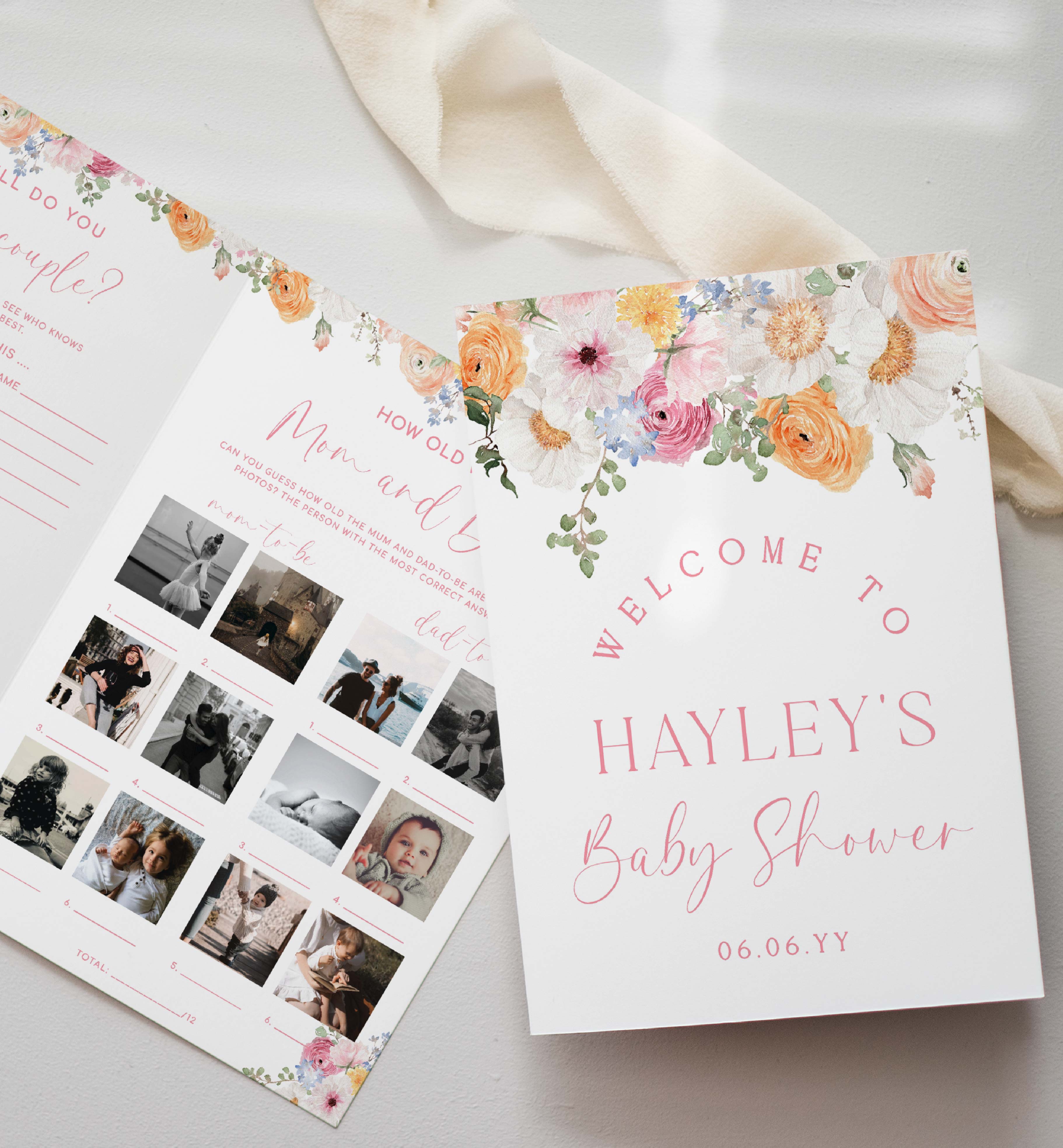 MIL-WHT-10-B3104 - MILLIE FLORAL - WHITE - BABY SHOWER GAME & MENU BOOKLET design preview