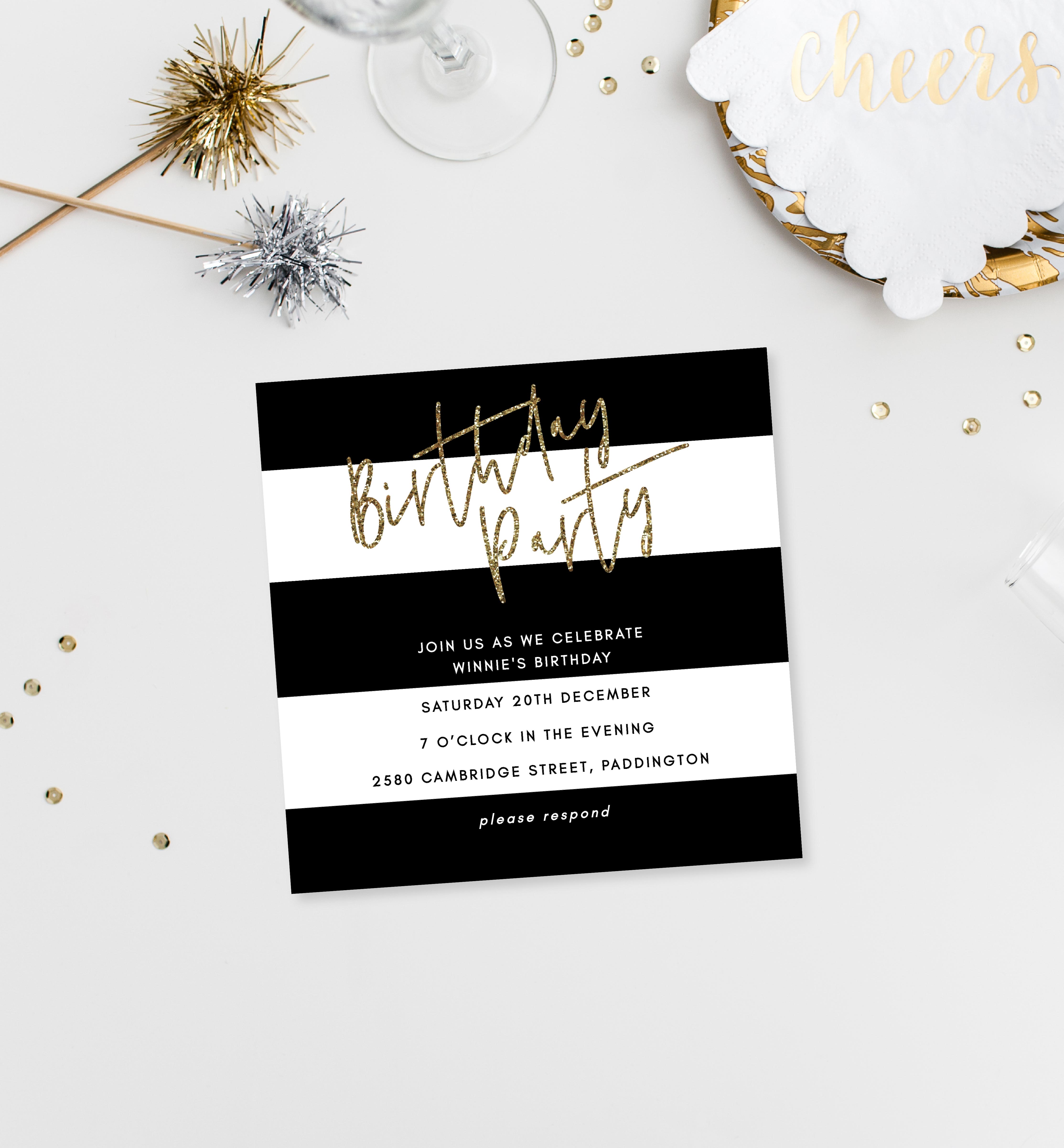 STR-BLK-1-B404 - STRIPE SQUARE - BLACK WHITE - BIRTHDAY PARTY INVITATION design preview