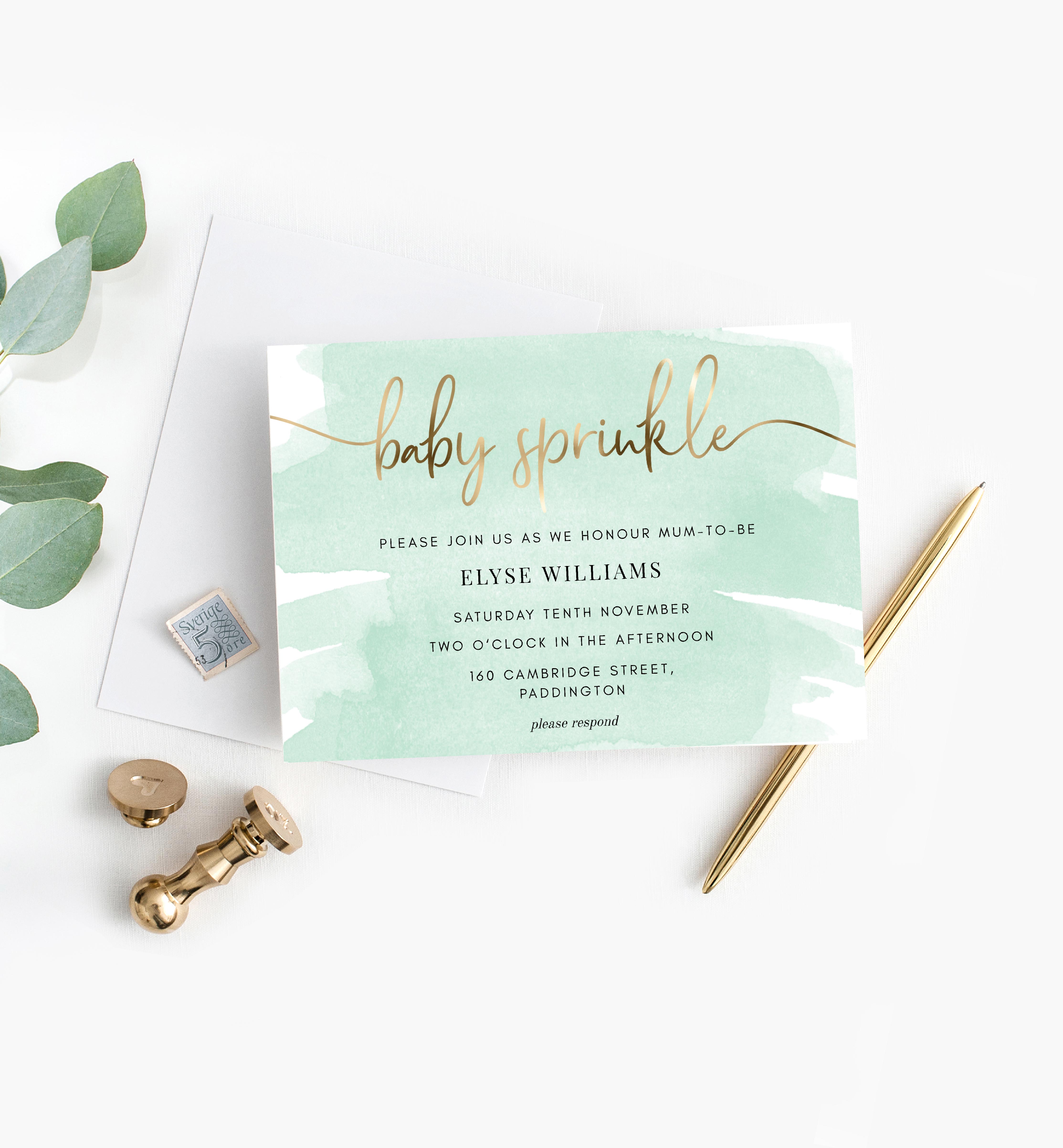 WAT-GRE-1-B257 - WATERCOLOUR GREEN - GOLD FOIL - BABY SPRINKLE INVITATION design preview