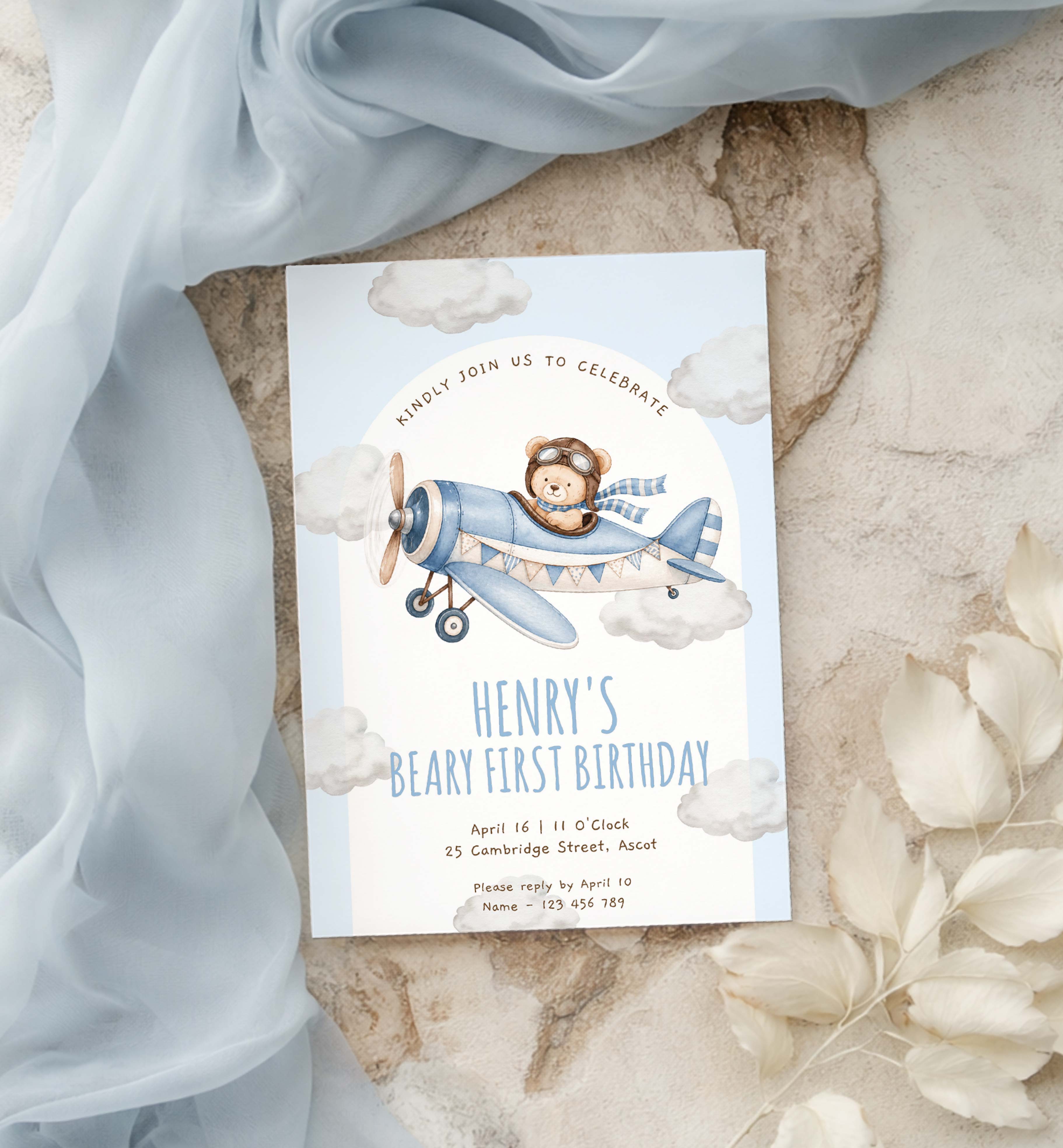BRP-BLU-1-B3851 - BEAR PLANE - BLUE - FIRST BIRTHDAY INVITATION design preview