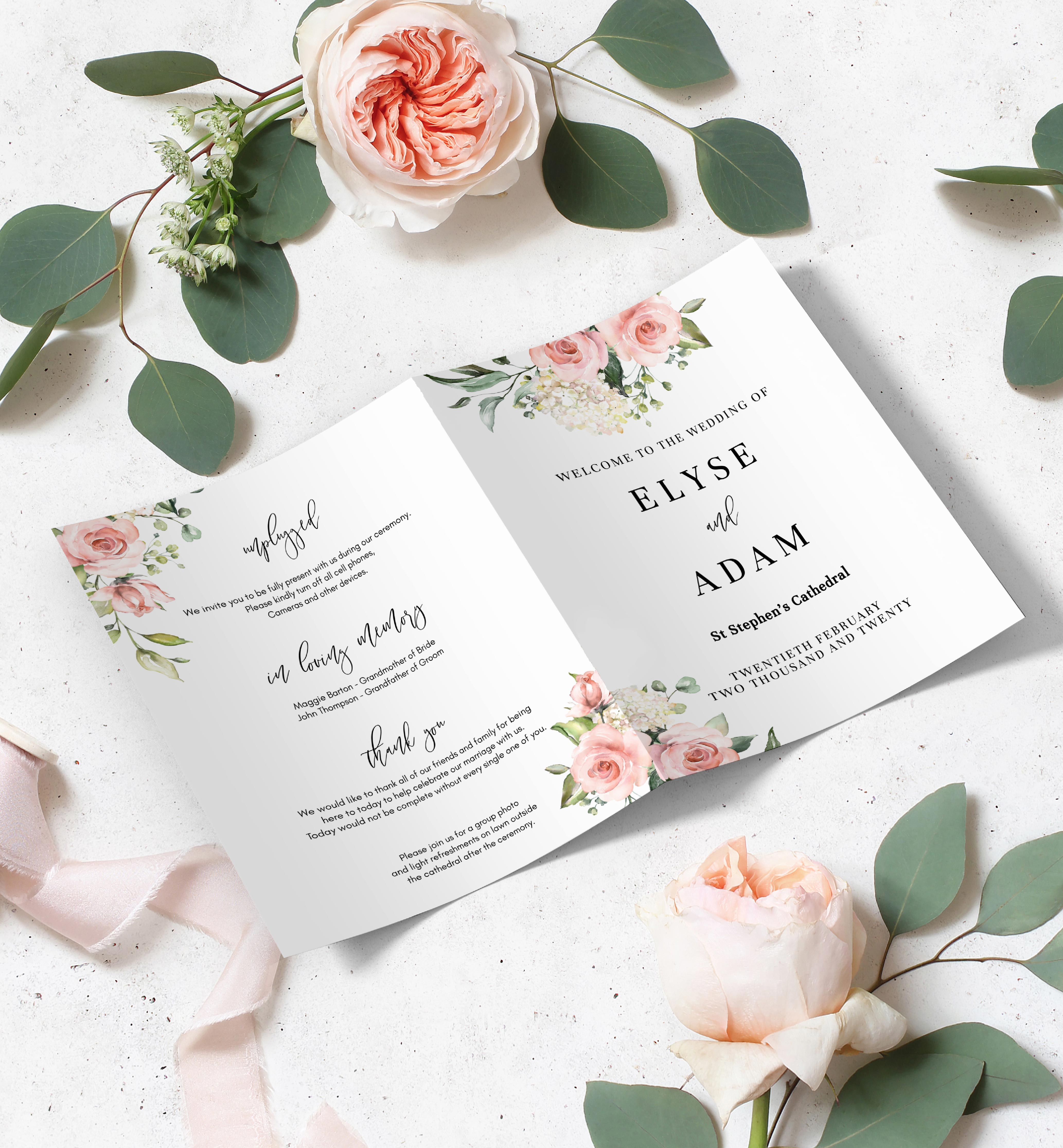 DAR-PNK-11-B143 - DARCY FLORAL PINK - SINGLE FOLD WEDDING PROGRAM design preview