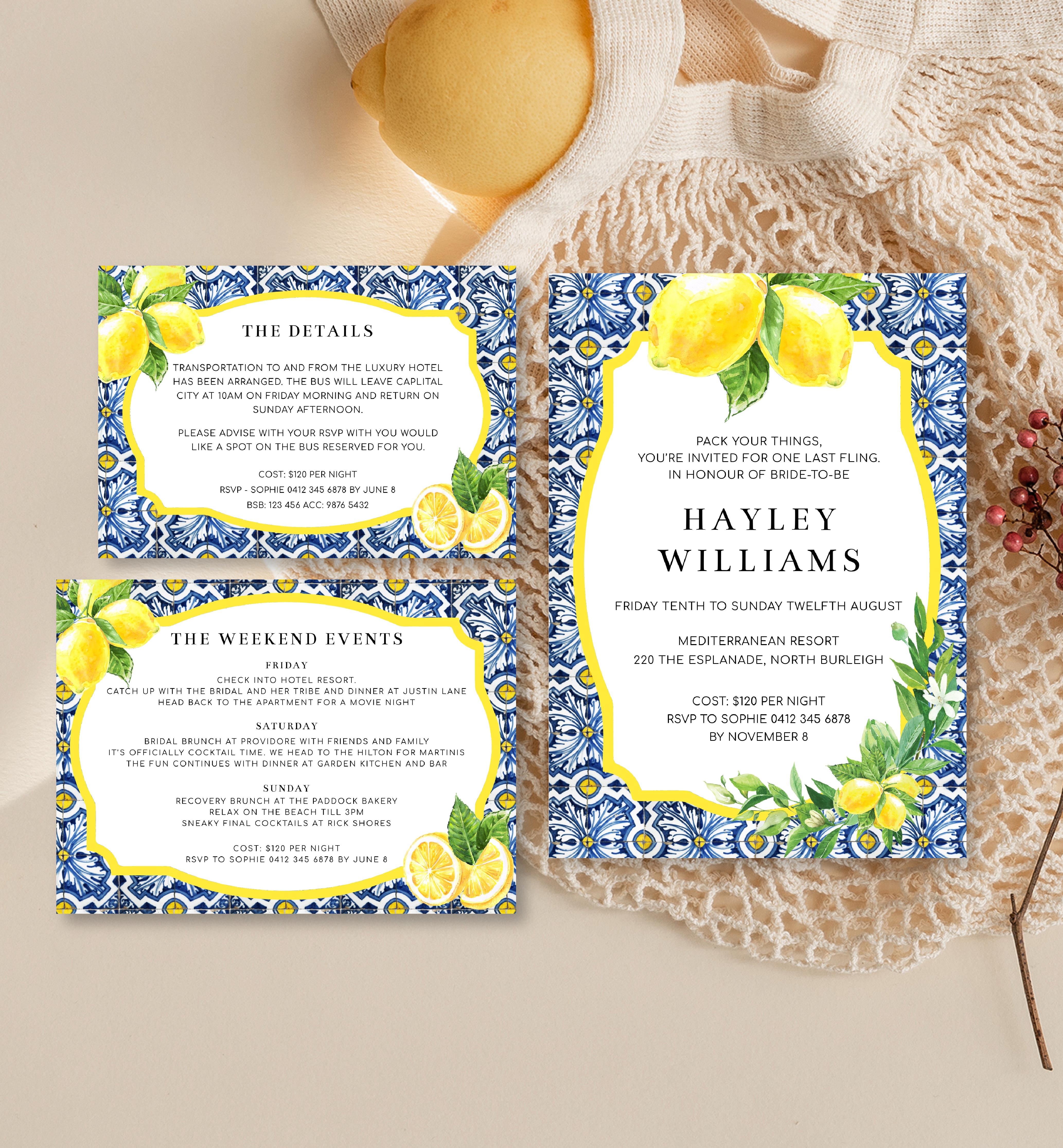 POS-BLY-1-B265 - POSITANO BLUE TILE - LEMONS - BACHELORETTE WEEKEND INVITATION SUITE design preview
