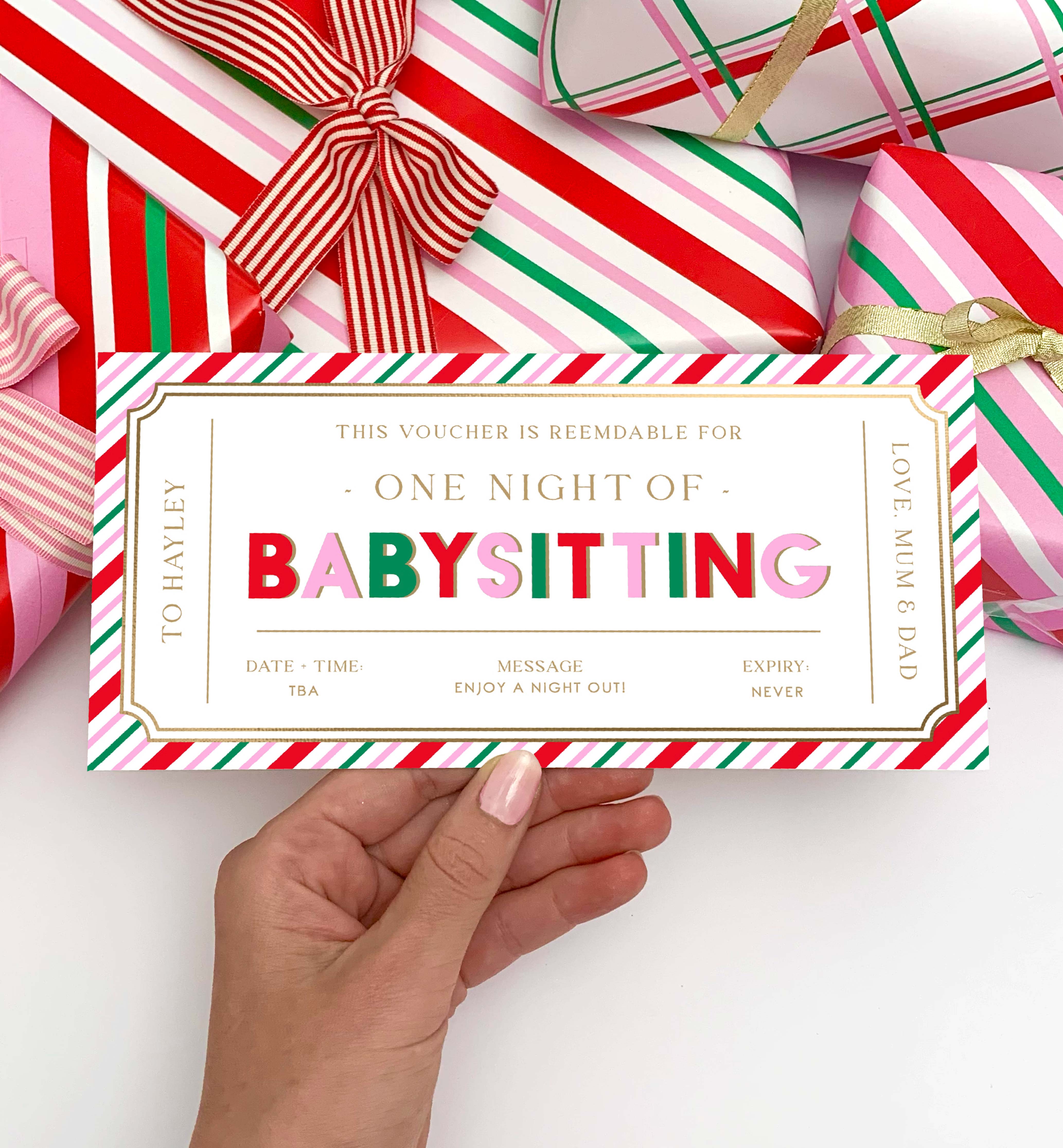 STR-PMT-14-B3013 - STRIPE - PINK MULTI - BABYSITTING GIFT CERTIFICATE design preview