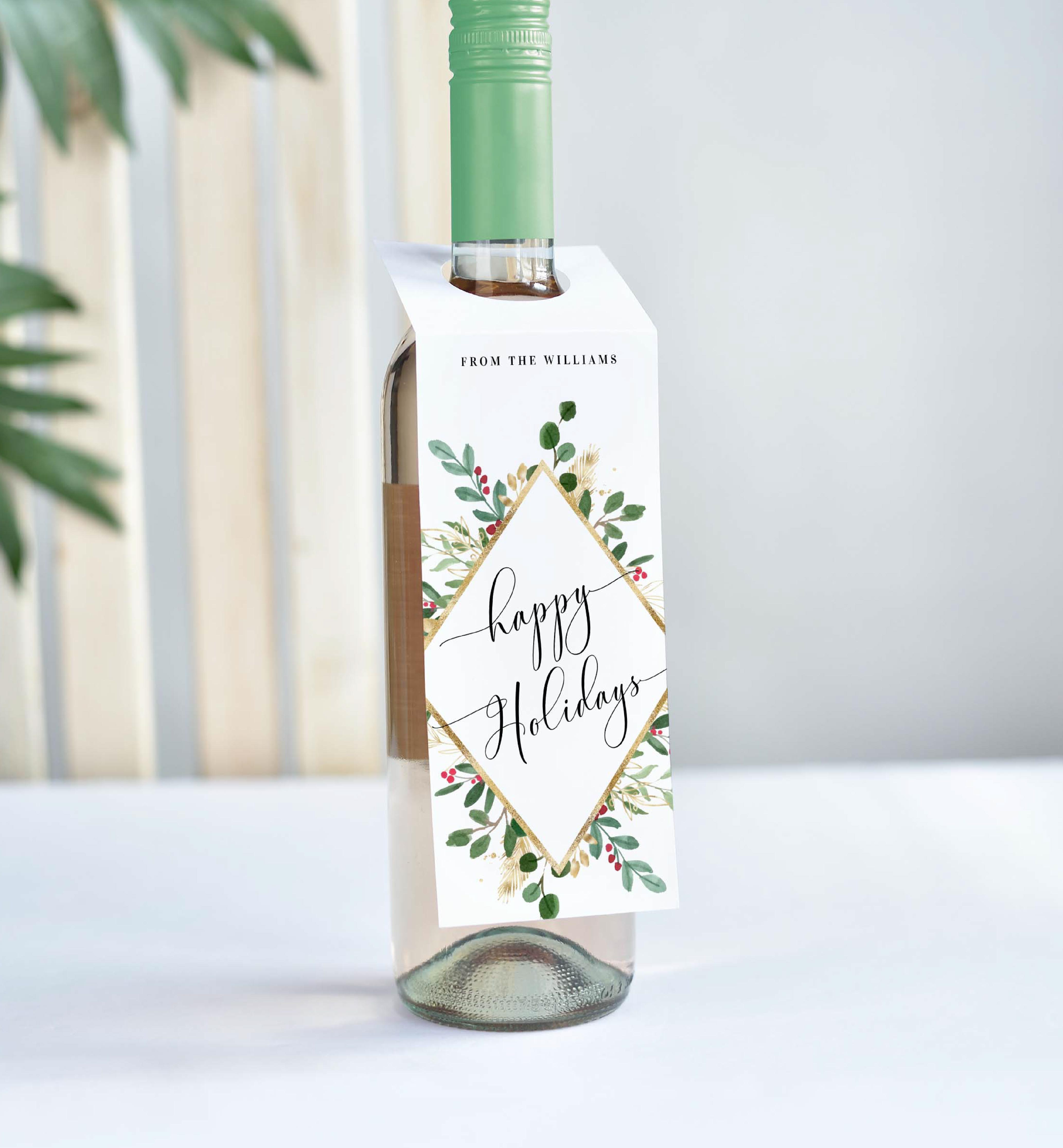 MER-WHT-6-B1712 - MERRIMENT CHRISTMAS - WHITE - HAPPY HOLIDAYS WINE BOTTLE TAG design preview