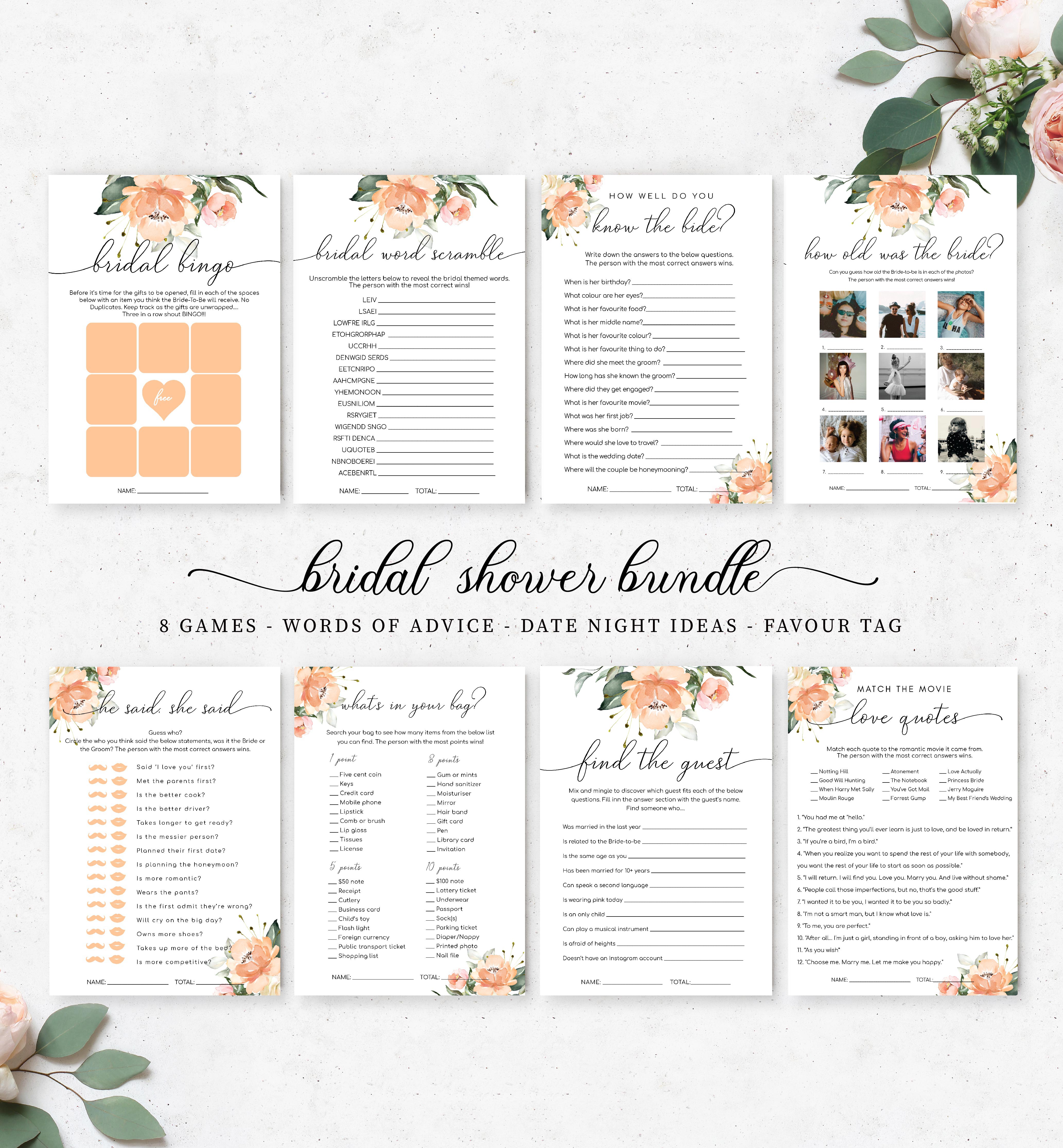 DAR-PEA-10-B475 - DARCY FLORAL - PEACH - BRIDAL SHOWER GAMES BUNDLE design preview