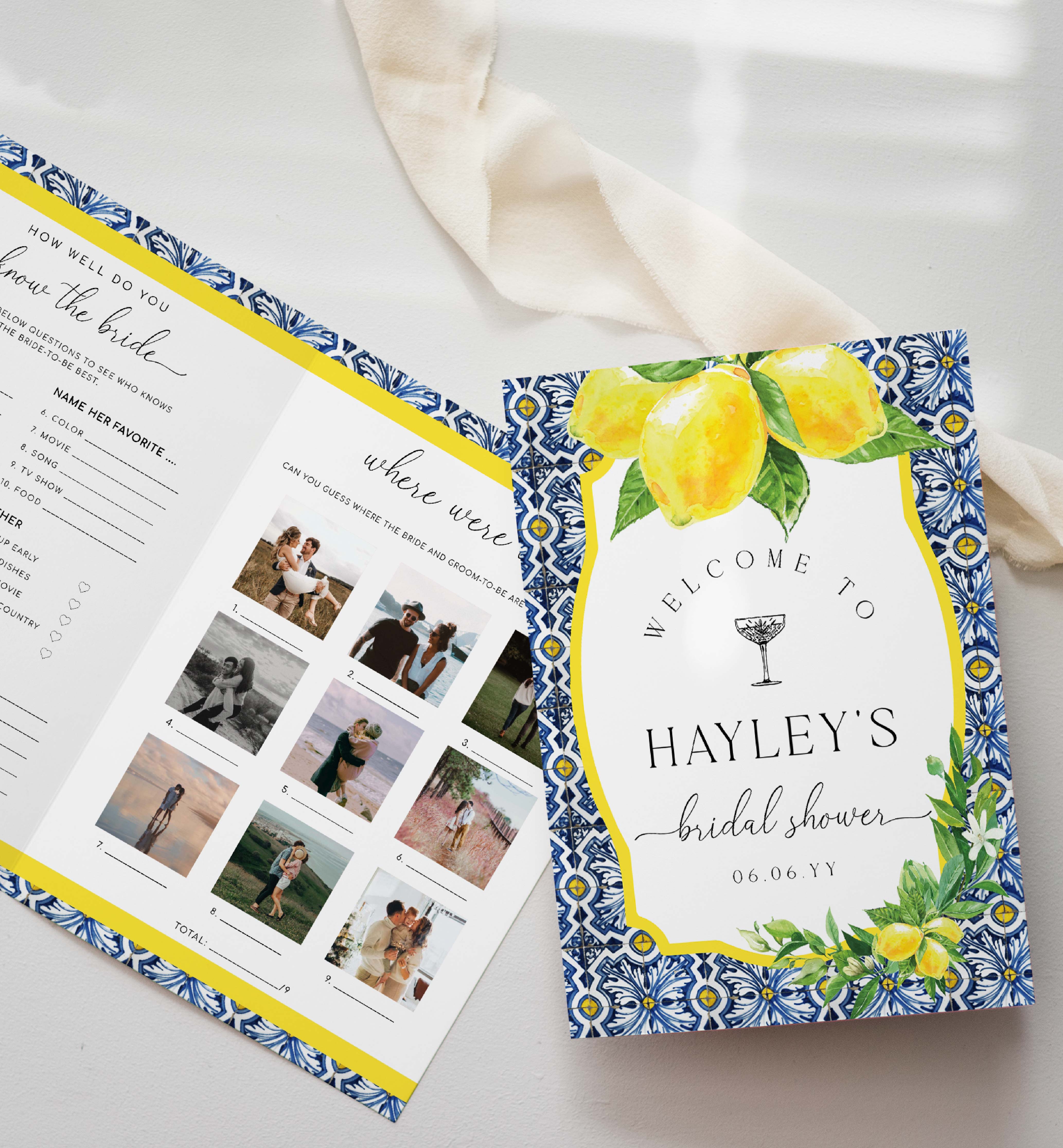 POS-BLY-10-B3037 - POSITANO - BLUE TILE LEMONS - BRIDAL SHOWER GAME BOOKLET design preview