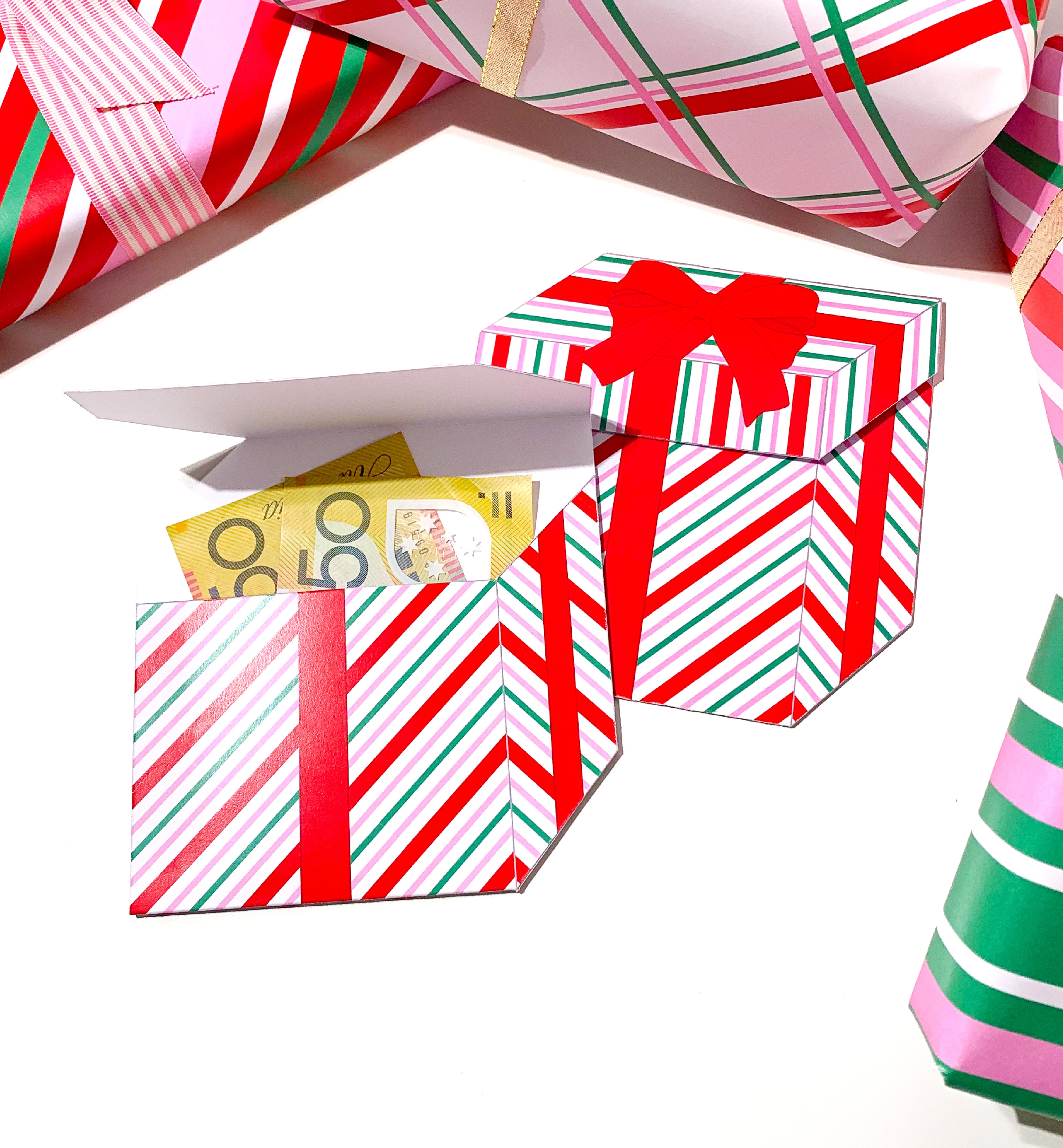 STR-WRP-14-B2430 - STRIPE - WHITE RED PINK - PRESENT BOX MONEY WALLET design preview